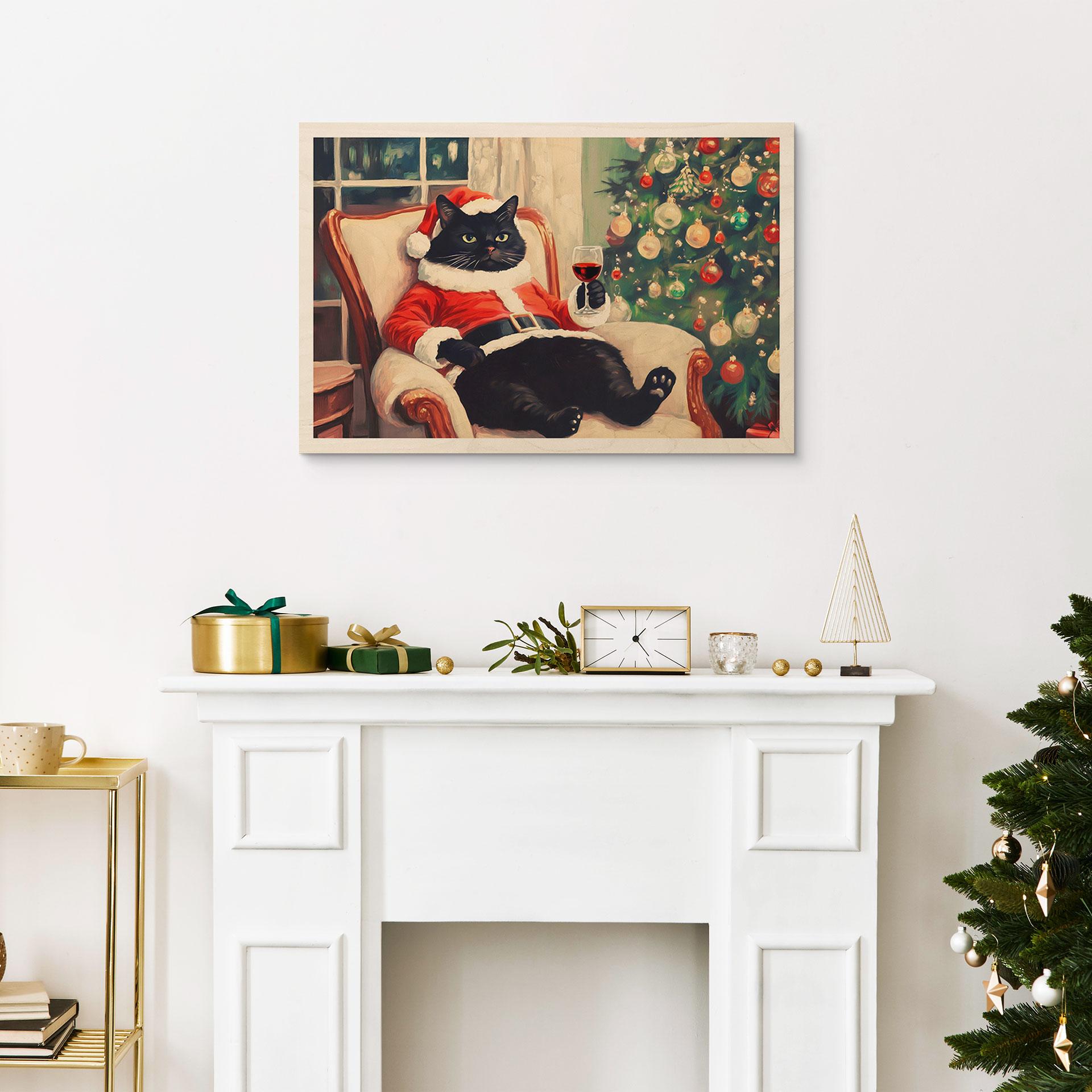 Billede af træ Julekat med vin - Melloi Art Prints