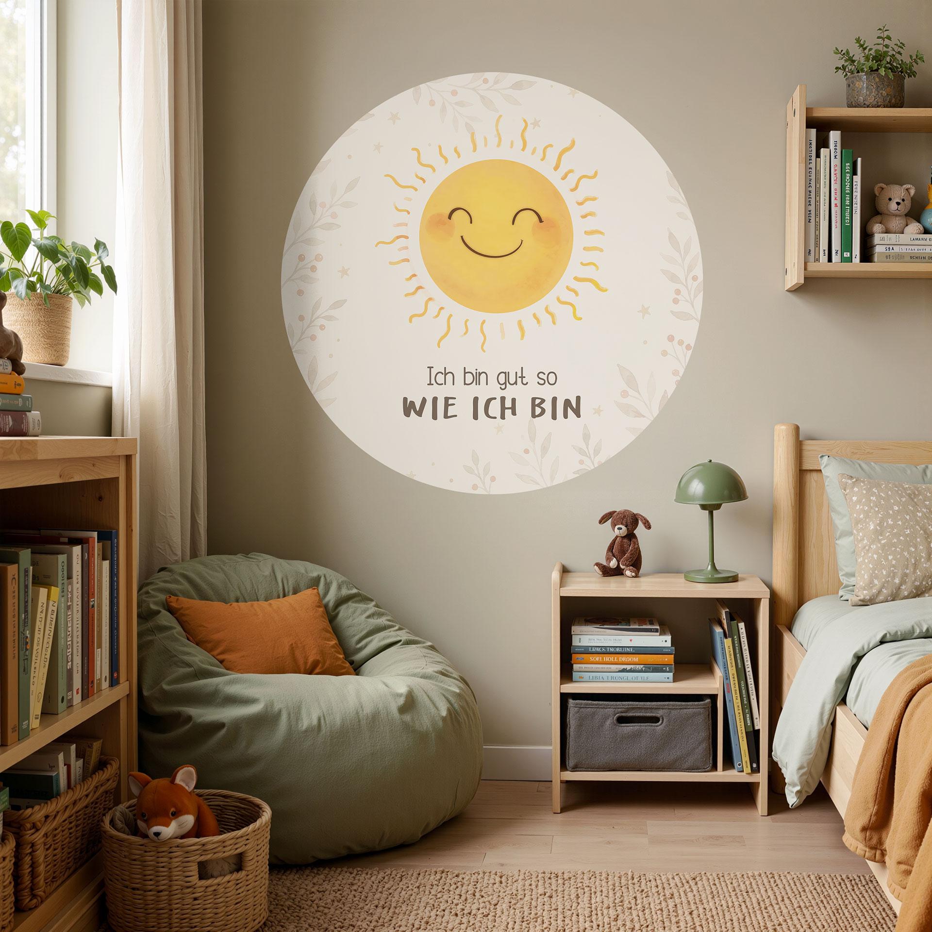 Rundes Wandtattoo mit Sonne - Mutmachspruch 'Ich bin gut so wie ich bin' fürs Kinderzimmer