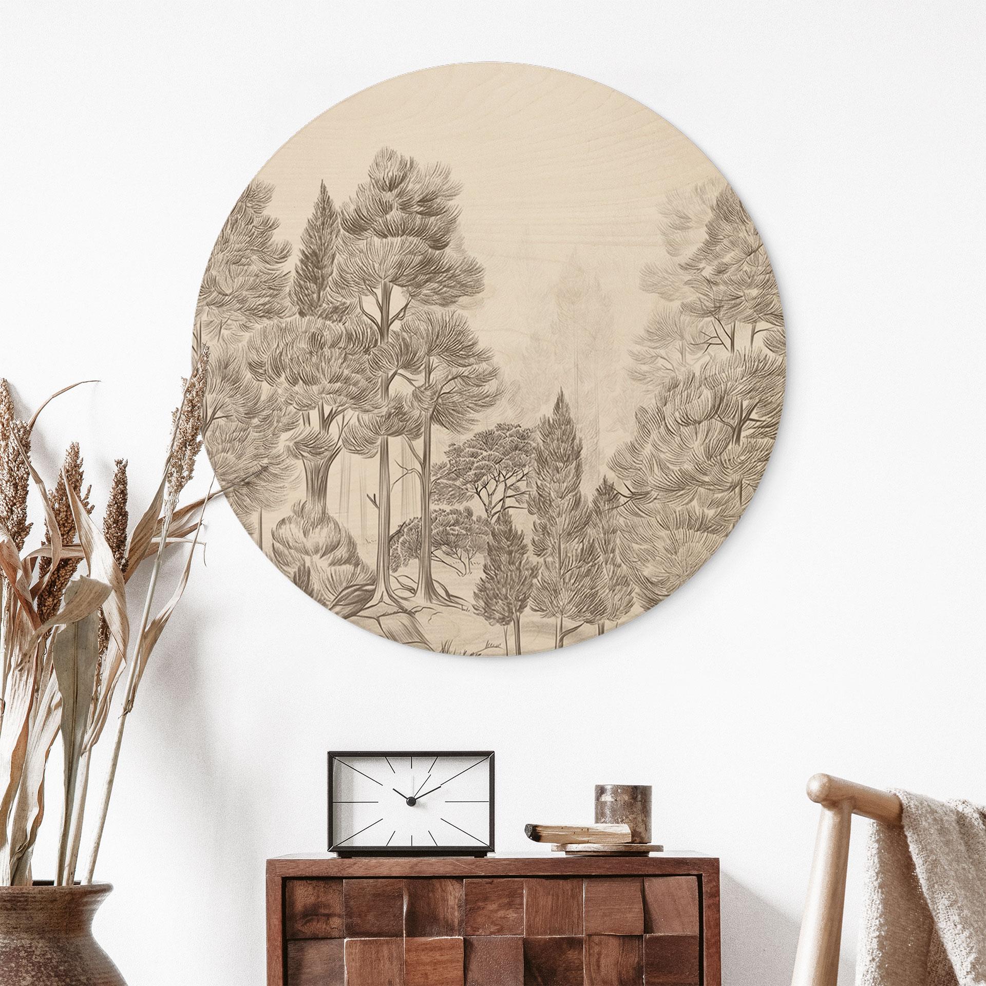 Holzbild Wald mit Waldlandschaft in Beige - Ms Tiff - Rund