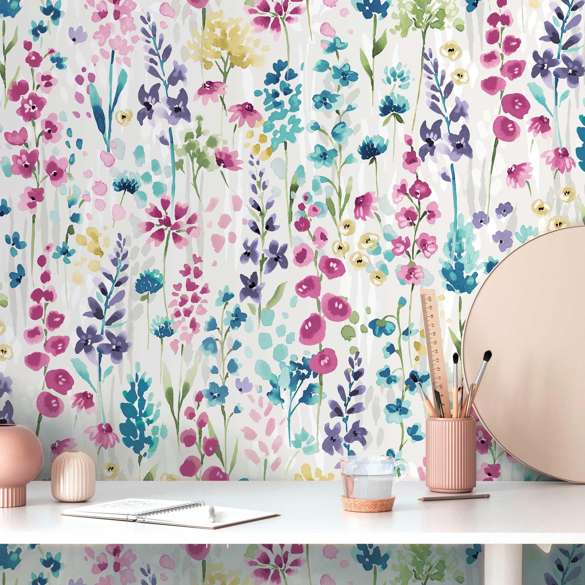 Papier peint fleurs aquarelle multicolore - papier peint à motifs pastel - papier peint intissé