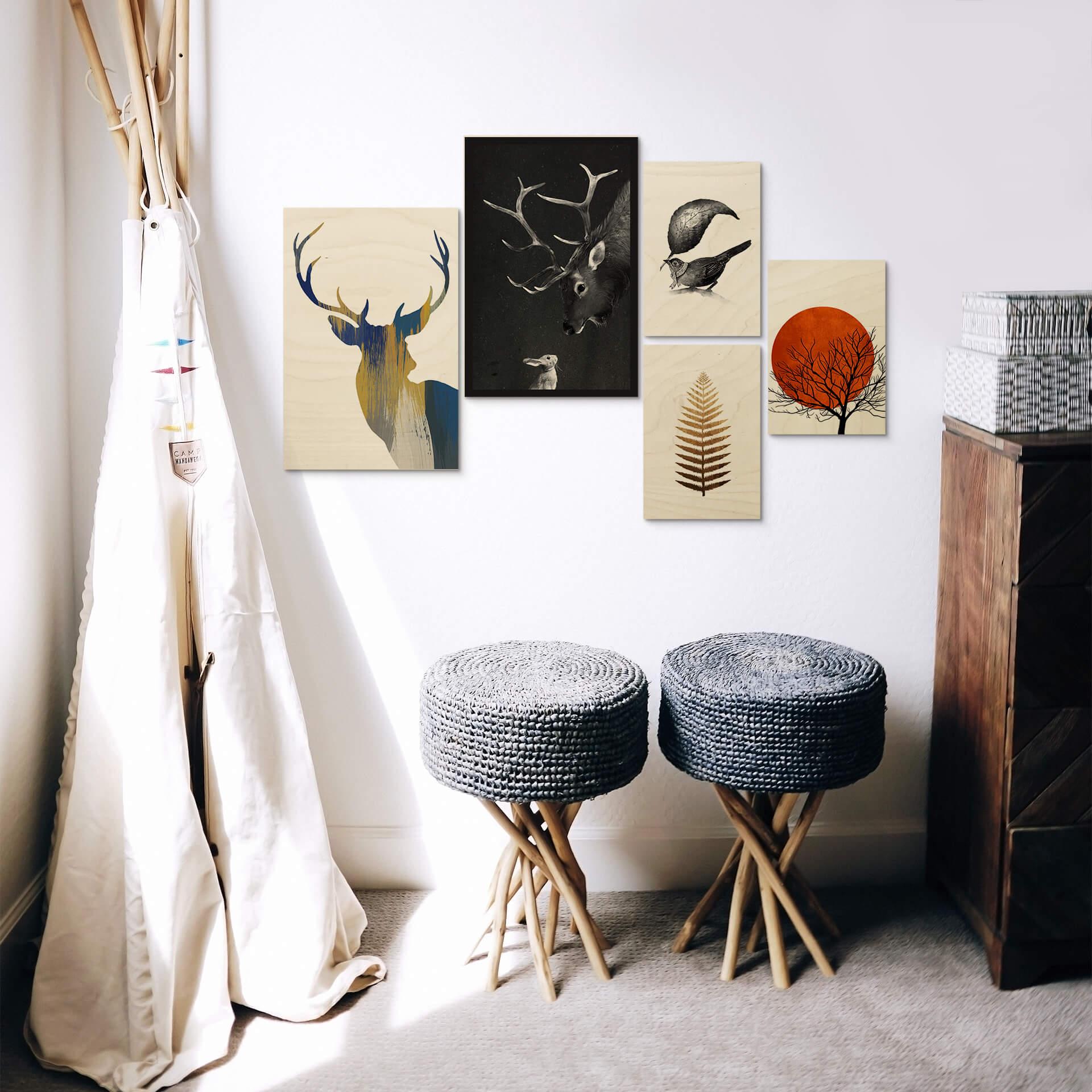 Plakat drewniany Orara Studio - Jeleń niebiesko-żółty 02