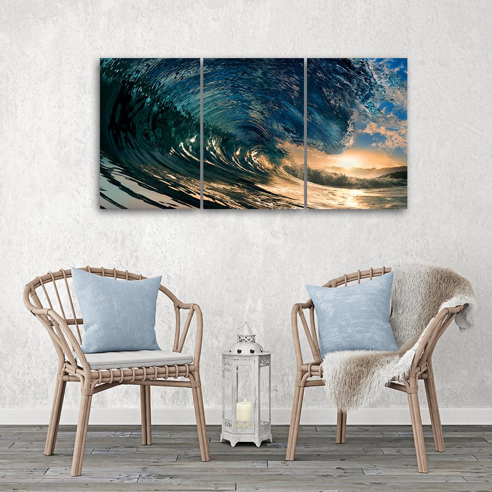 3 stykke lærredstryk Bølger Sea Ocean Sun