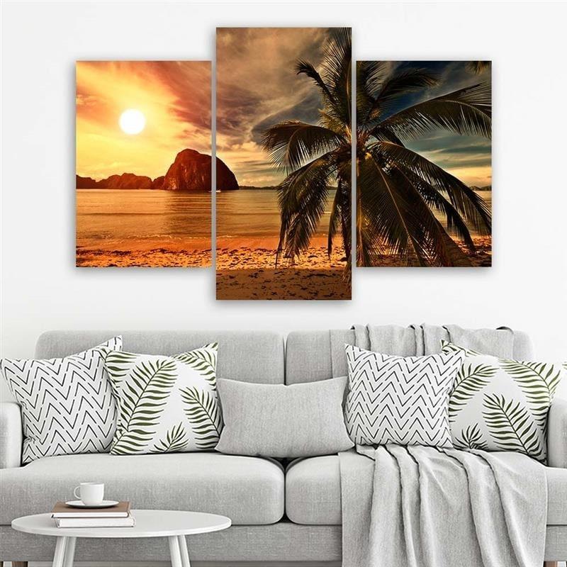 3 stykke lærredsprint, Sunset Sea Palm Trees