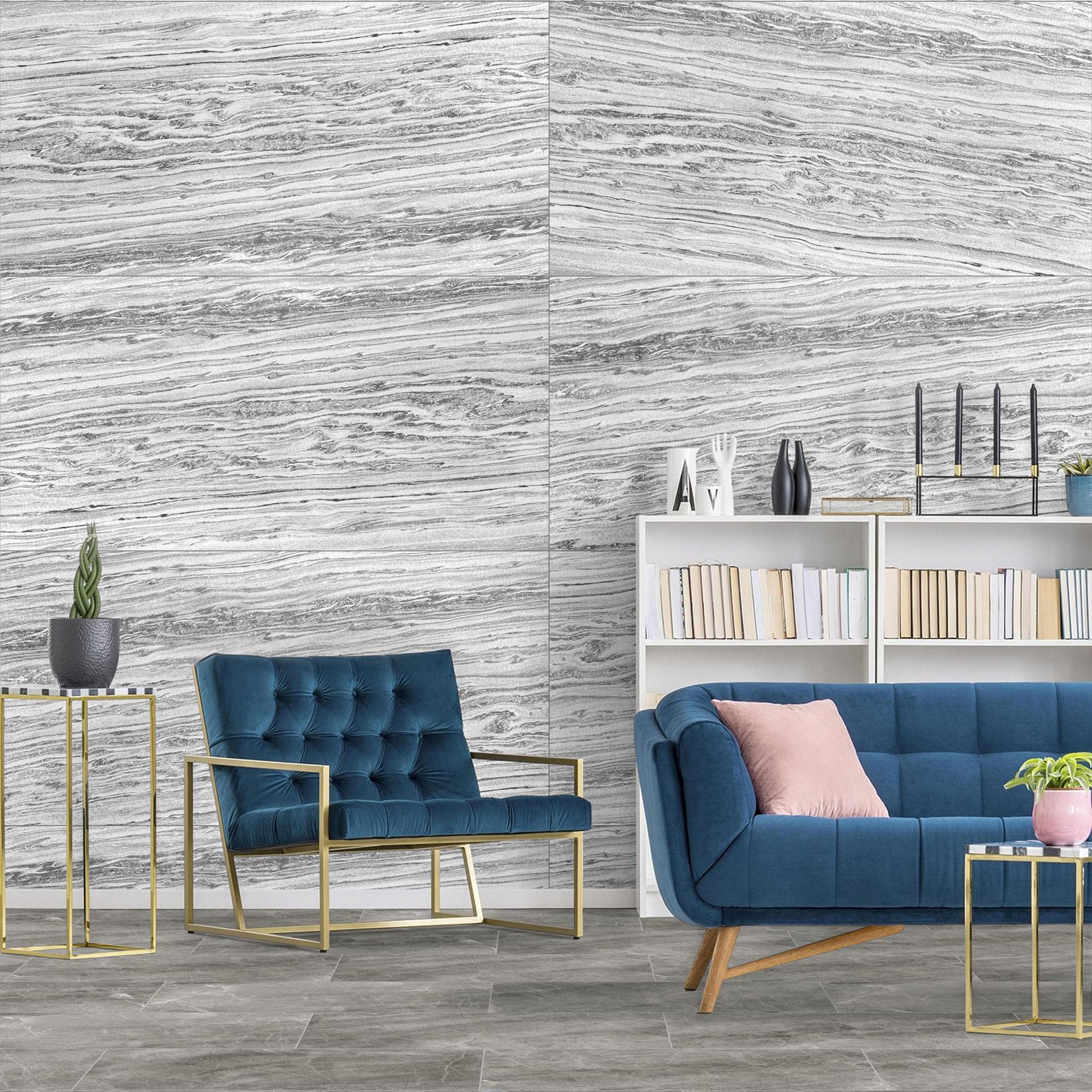 Echtstein - 3D Wandpaneel, Set aus 6 Natursteinplatten als luxuriöse Wandverkleidung - Polar Marmor