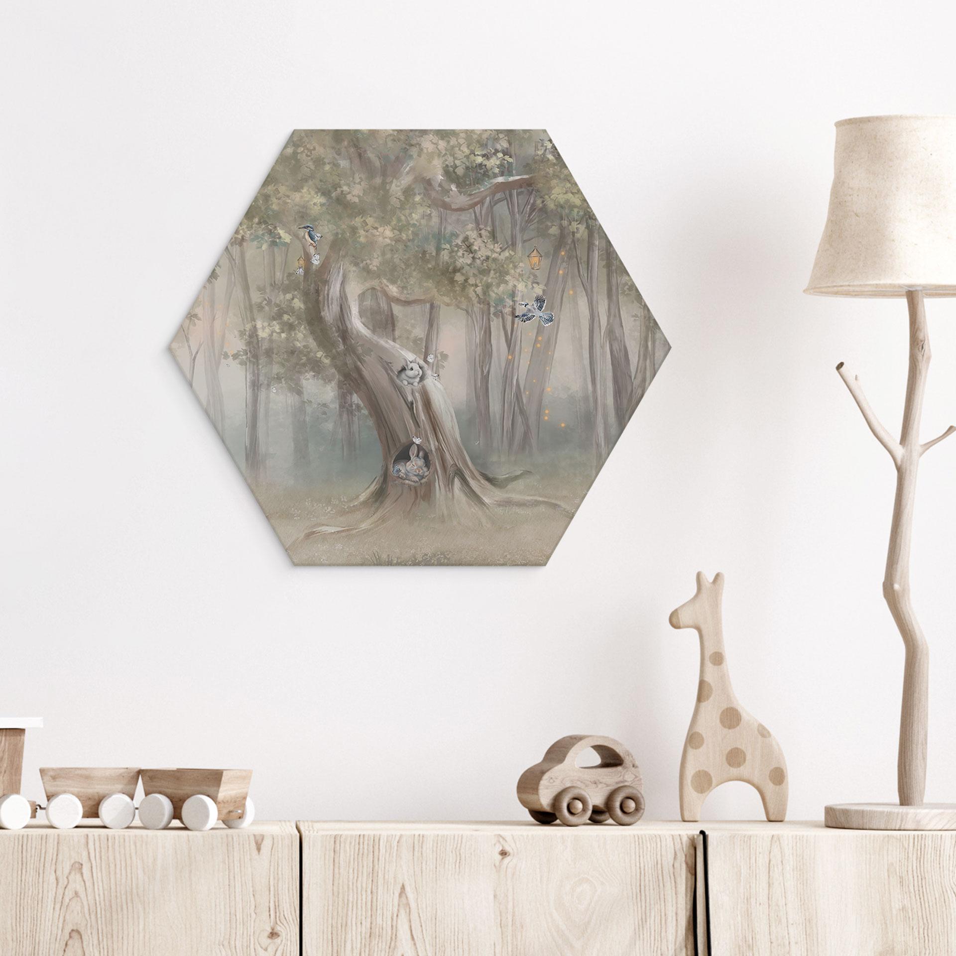 Zeshoek Wanddecoratie schattige bosdieren tussen bomen - Ms Tiff - Alu-Dibond