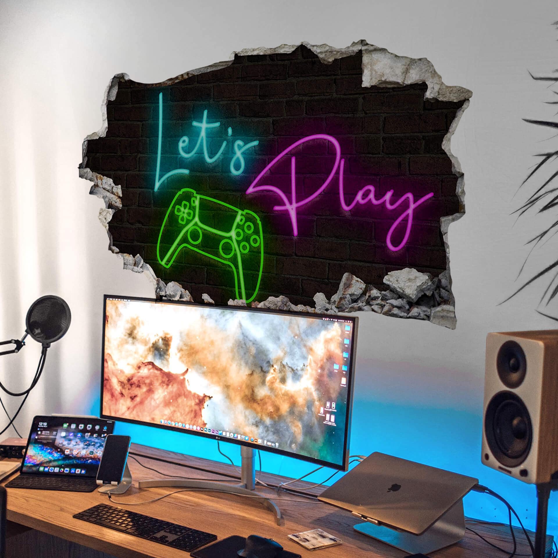 Sticker Mural Lets Play avec contrôleur de jeu - Lumière fluorescente