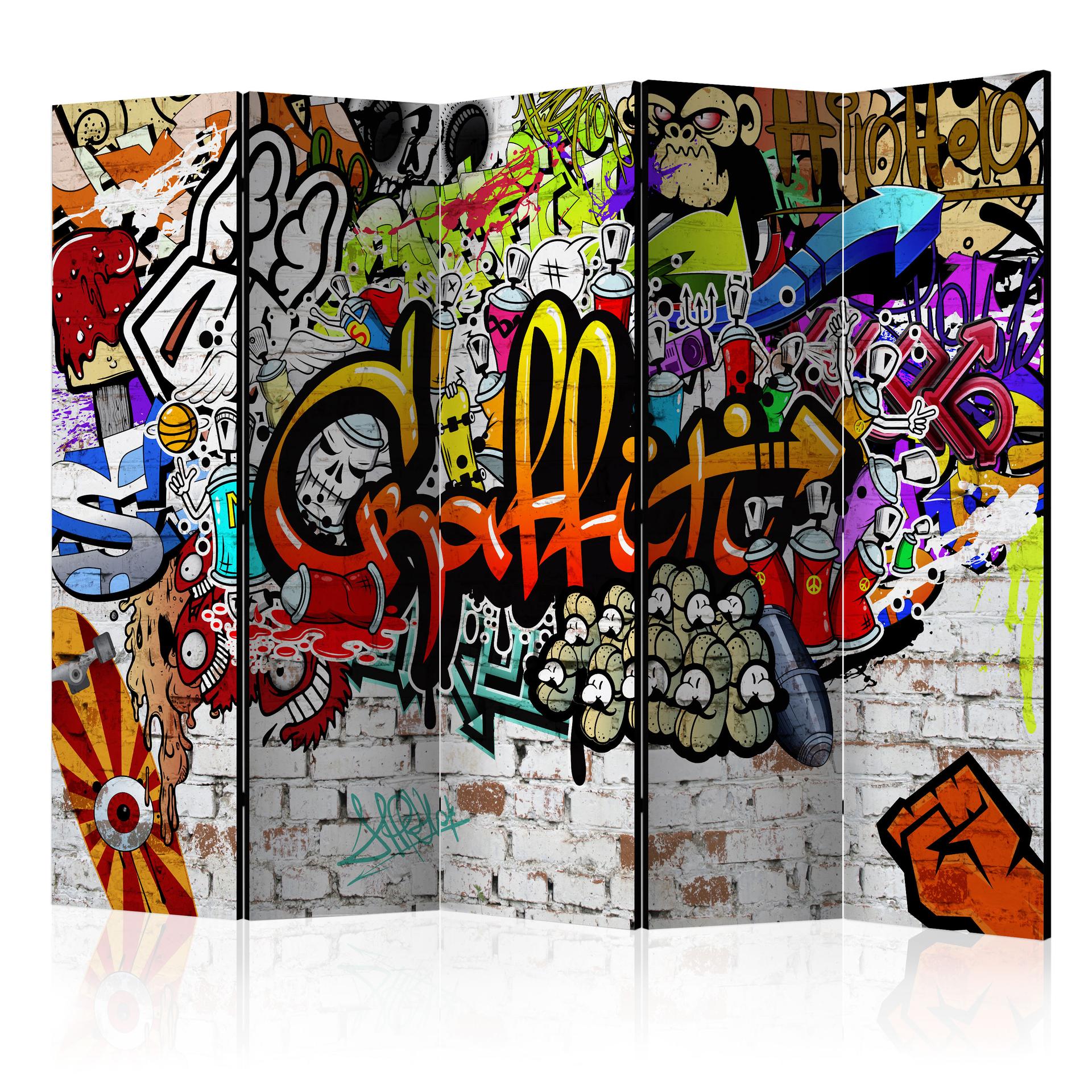 Rumdeler med skærm - Farverig graffiti, 5-delt - 225x172 cm