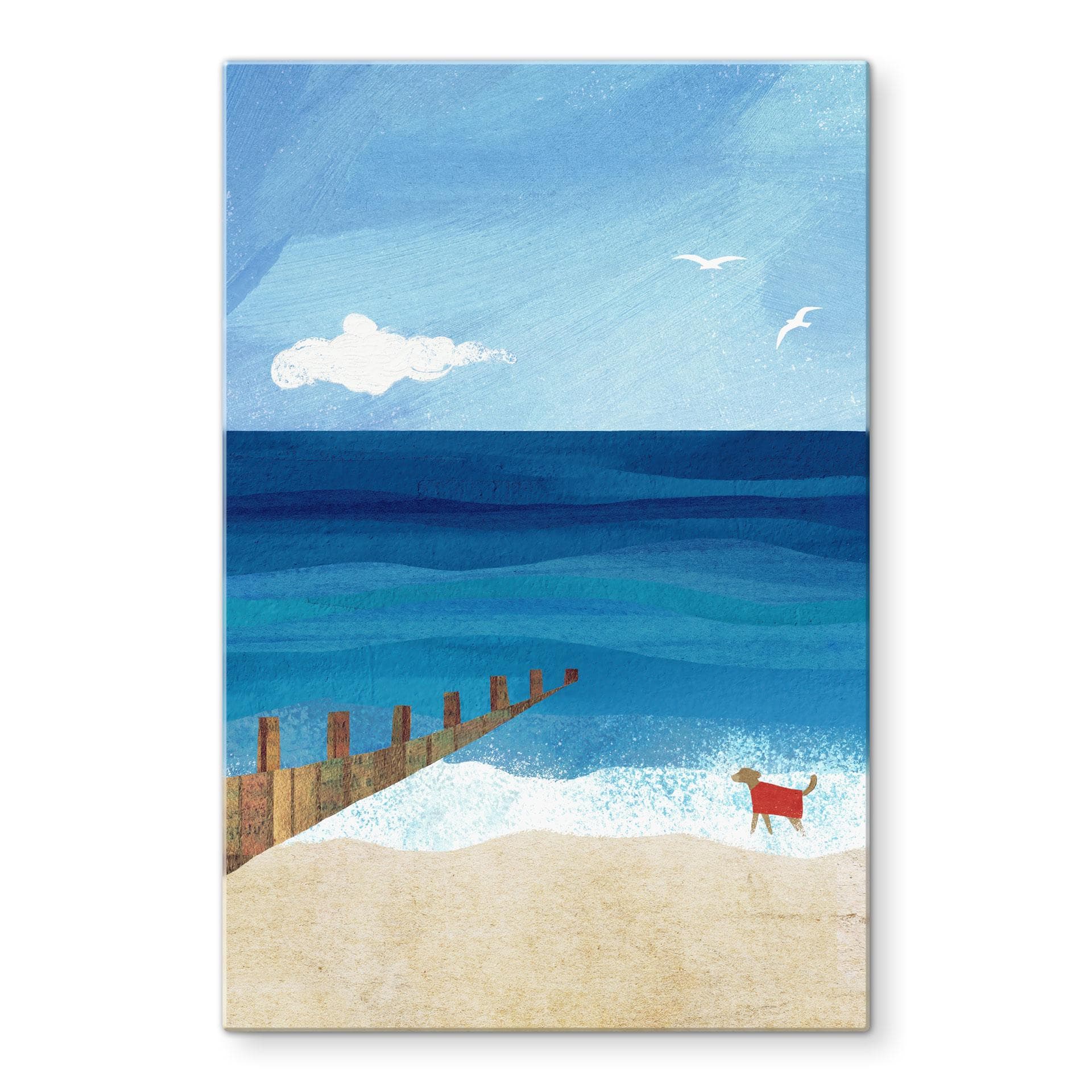 Glazen schilderij Zomerstrand met hond aan zee - Rivers