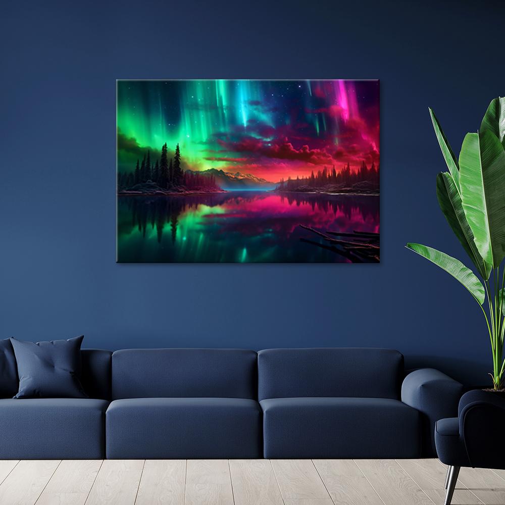 Canvasbillede, Aurora borealis foran en bjergbaggrund