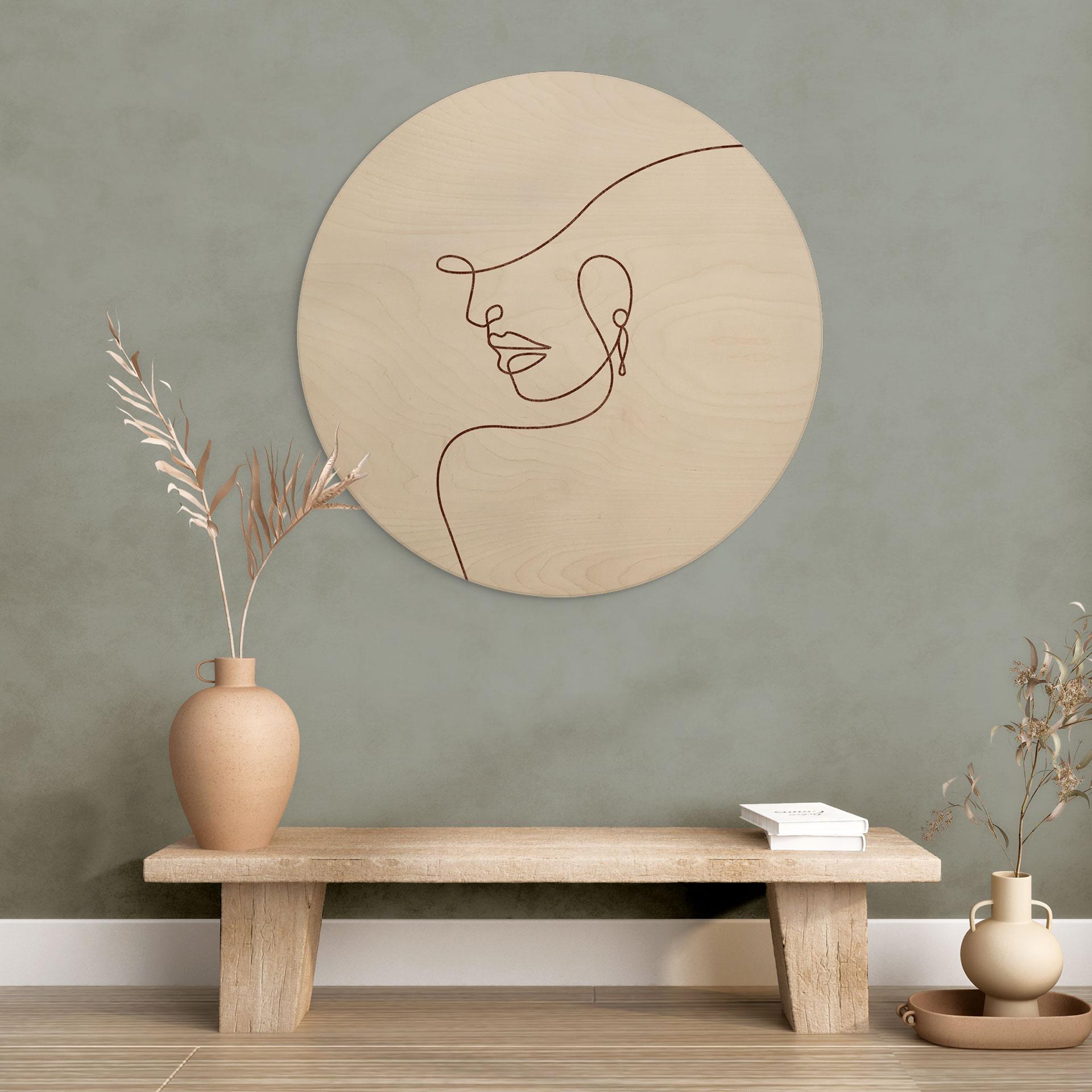 Billede af træ Delikate konturer af en kvinde - Line Art - Tunaboylu - Round