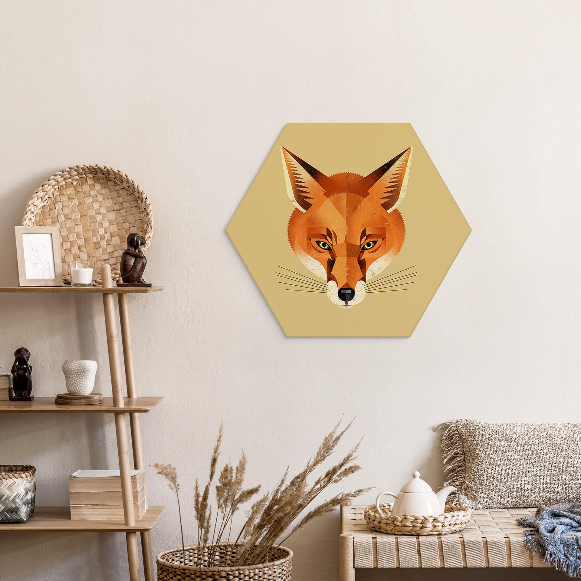 Hexagon Wandbild Fuchs - Alu-Dibond - Braun