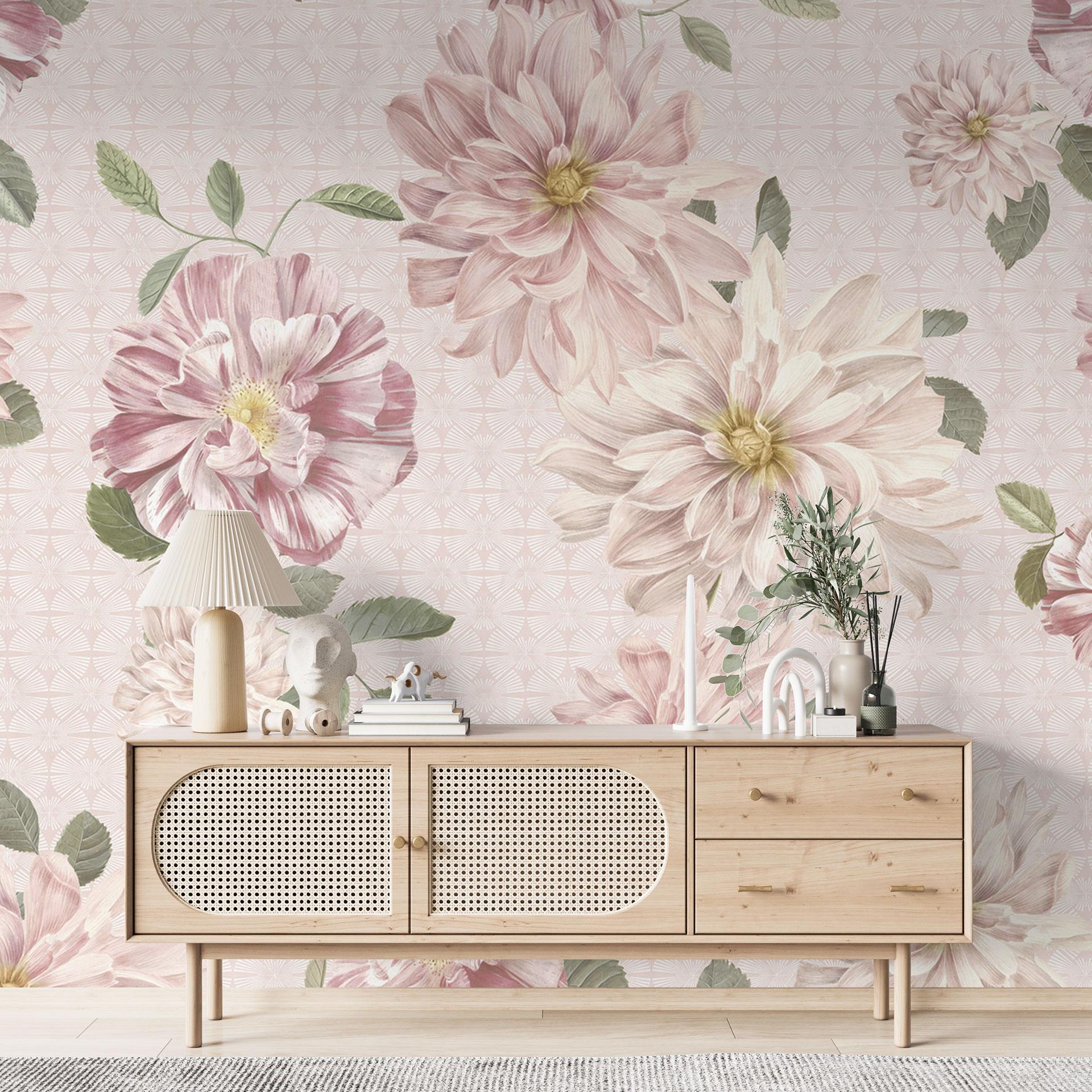 Fototapet med georginer shabby chic pink - Bloomery Decor