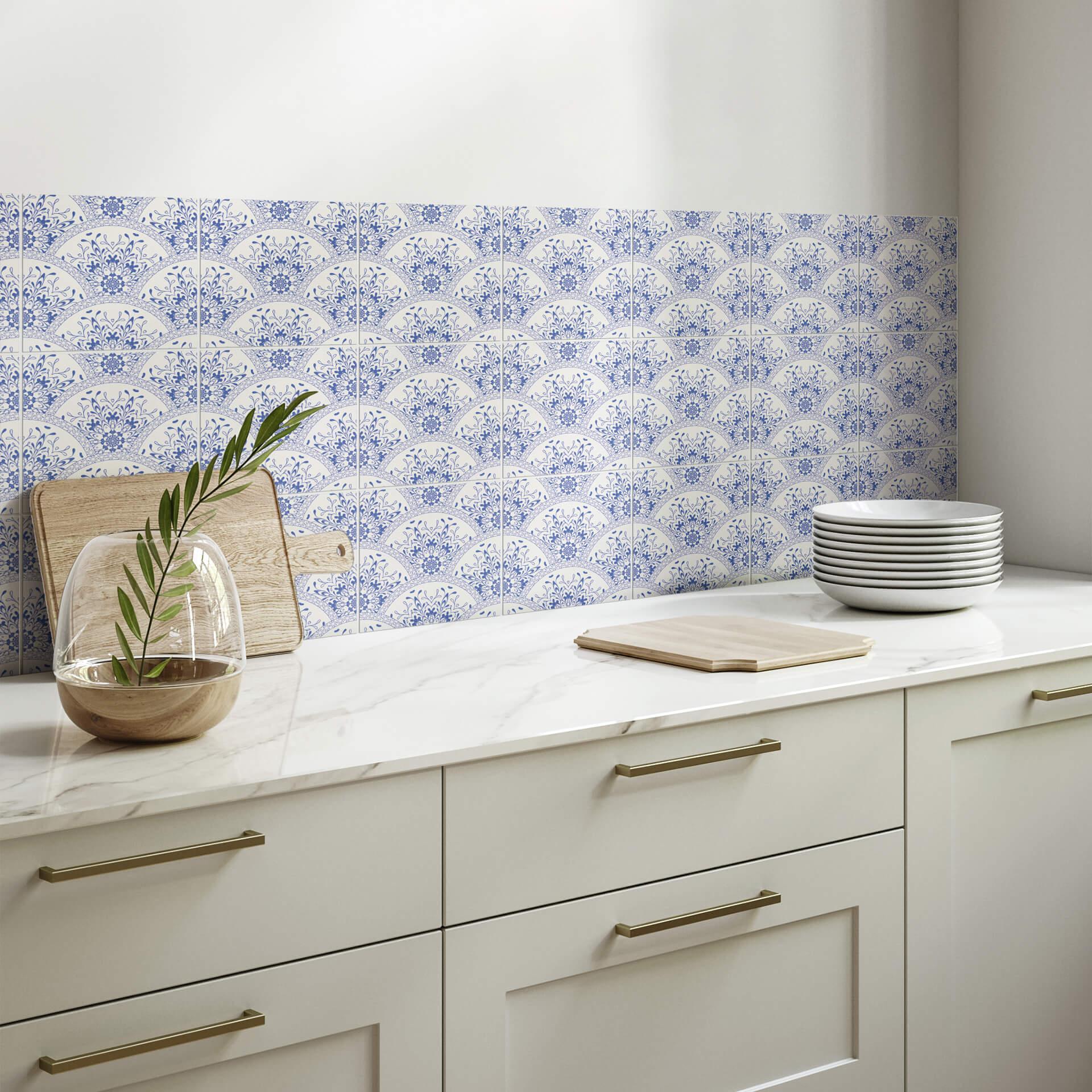 Azulejos Adhesivos azul motivo floral en estilo Art Deco - lote de 12