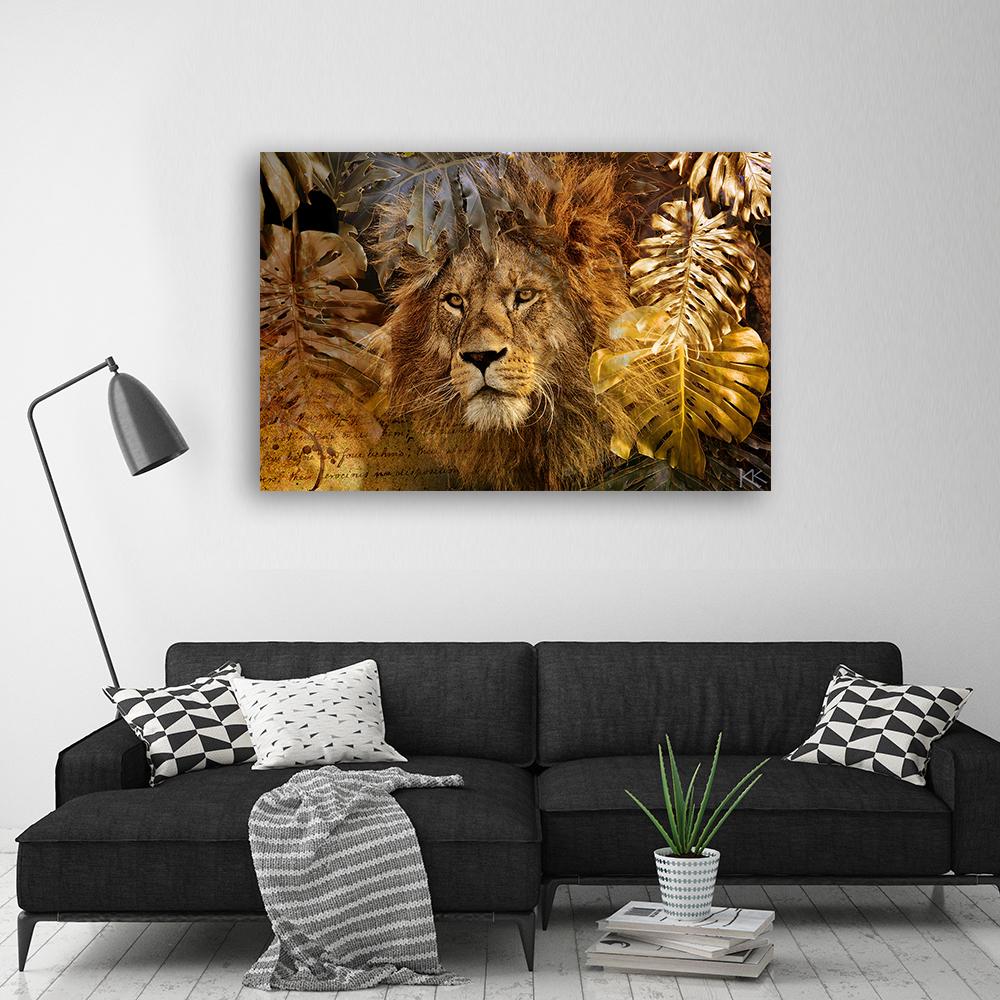 Canvasbillede, Løve og Monstera gyldne blade