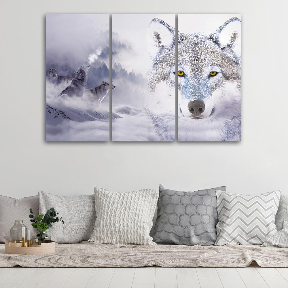 3 stykke lærredsprint, Wolf Forest Fog Nature Grey