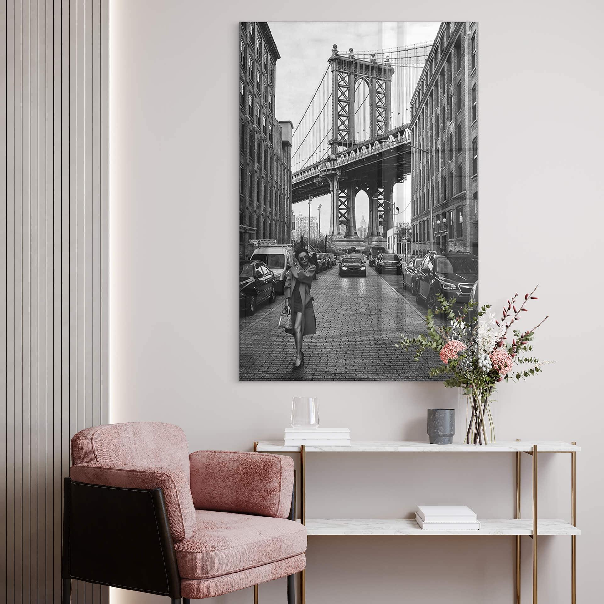 Akrylbillede Bolton - Stilfuldt på Manhattan med den ikoniske Brooklyn Bridge