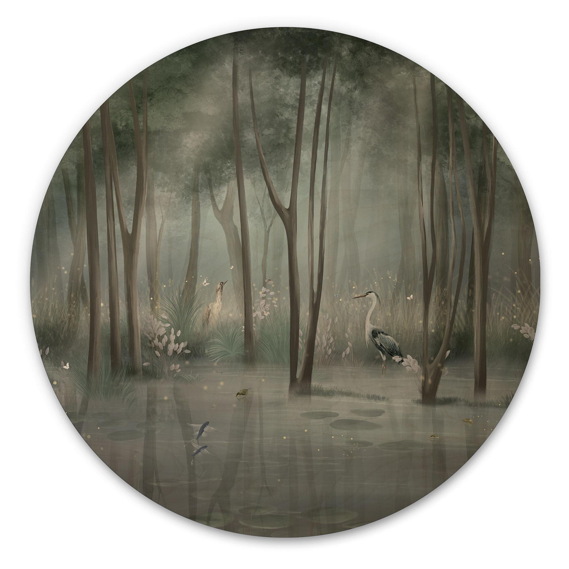 Houten Wanddecoratie wolkenbos aan het meer met reiger in het groen - Ms Tiff - Rond