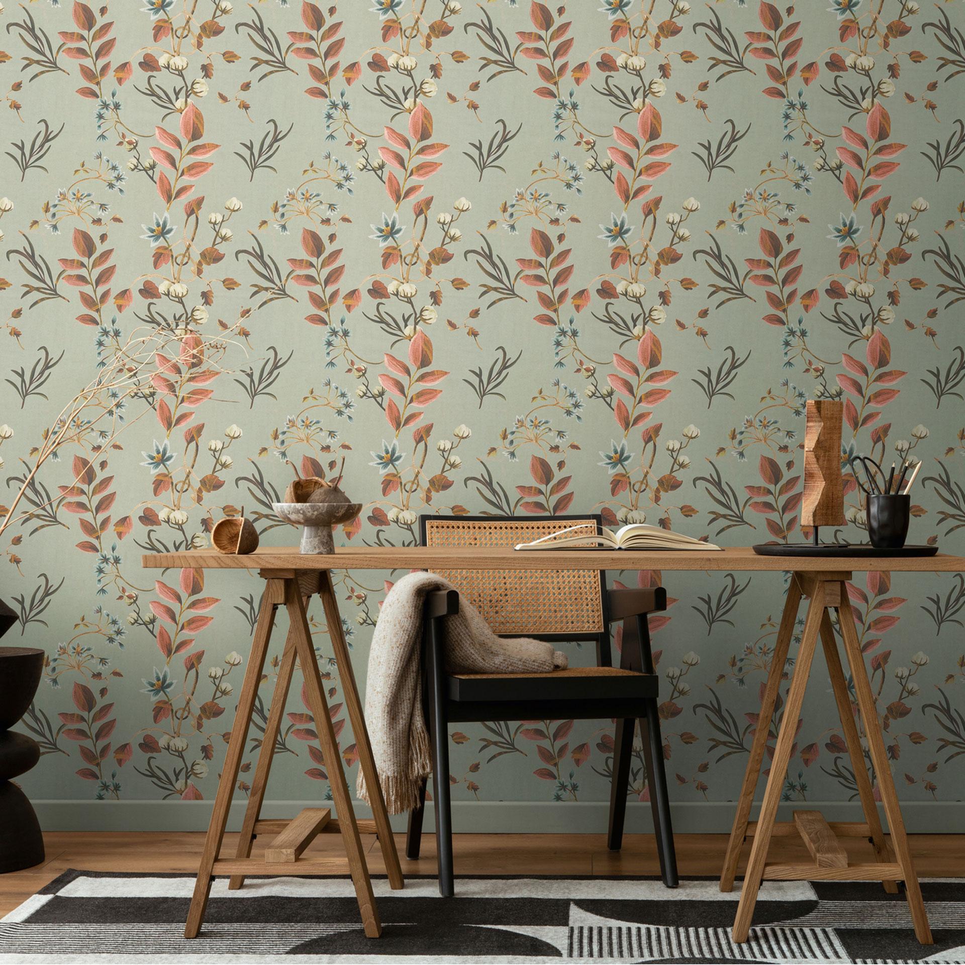 Blomstret tapet med blade grøn terracotta - naturmotiv med ranker - Ikke-vævet tapet