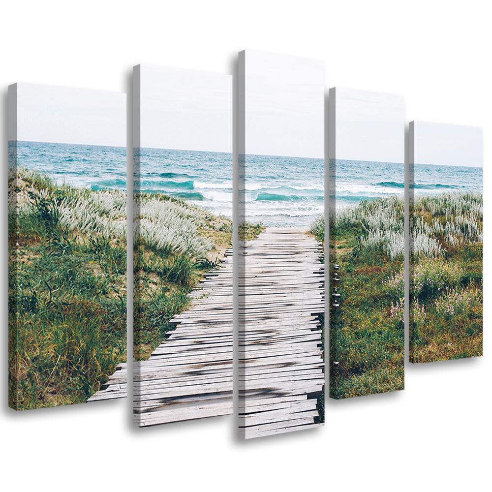5 stykke lærredstryk, strand havstilandskab
