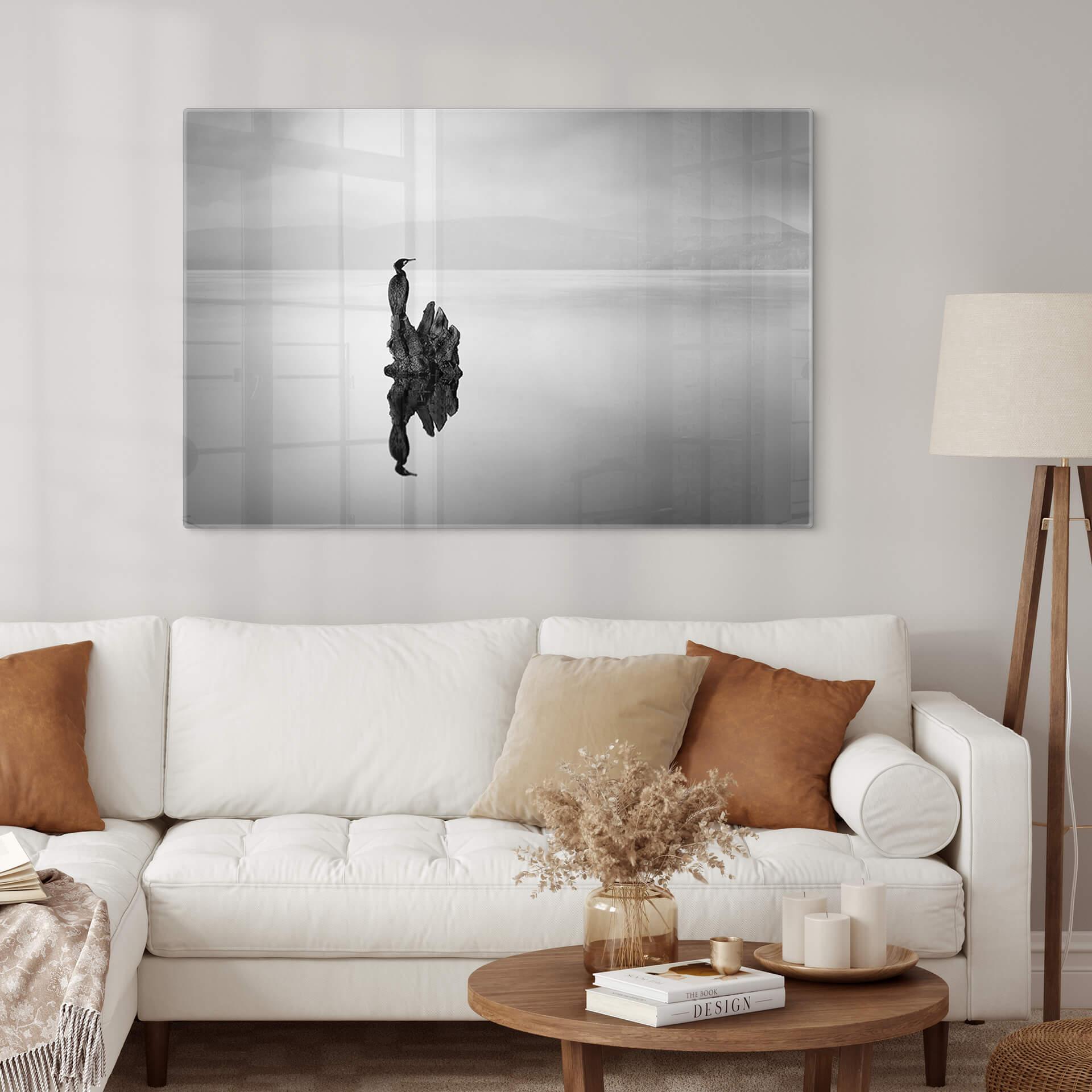 Glasschilderij Digalakis - Elegante Vogel op het Water zwart wit