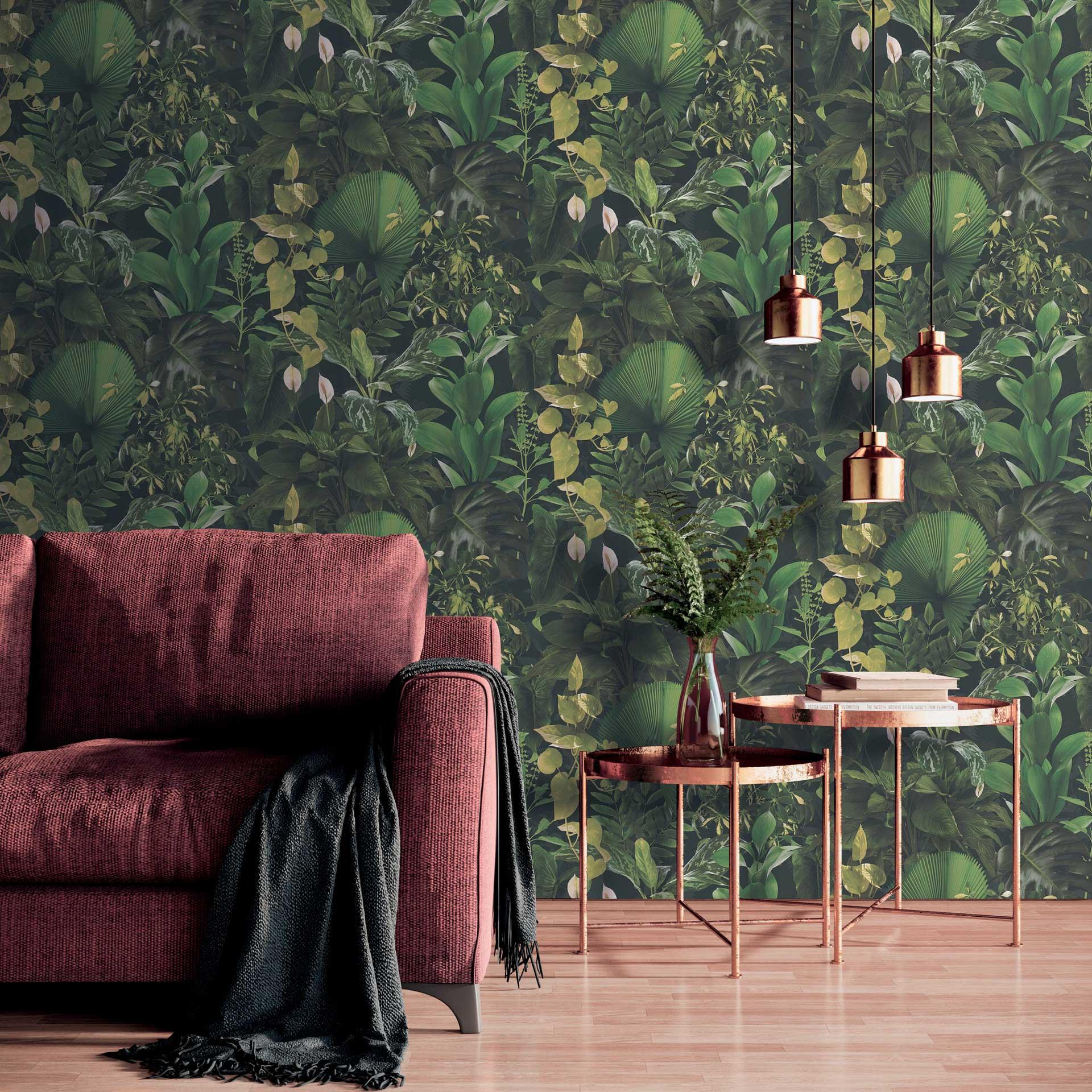 Papel pintado selva verde negro - Papel no tejido con hojas tropicales - Papel pintado vegetal
