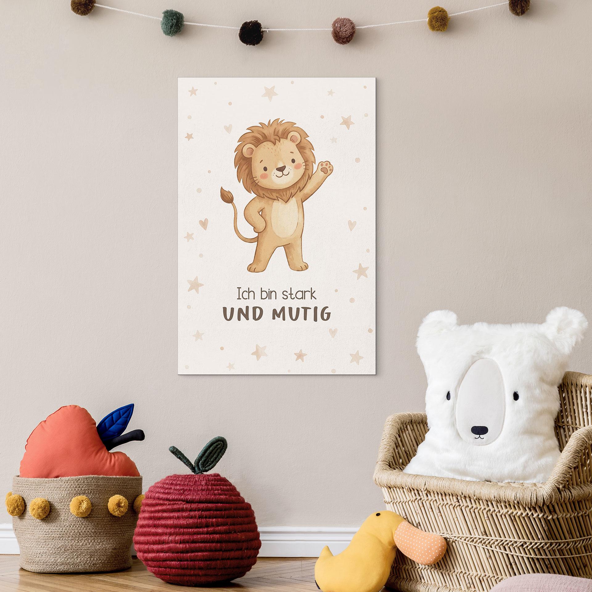 Alu-Dibond Wandbild mit Löwe - Kraftsatz 'Ich bin stark und mutig' für Kinder