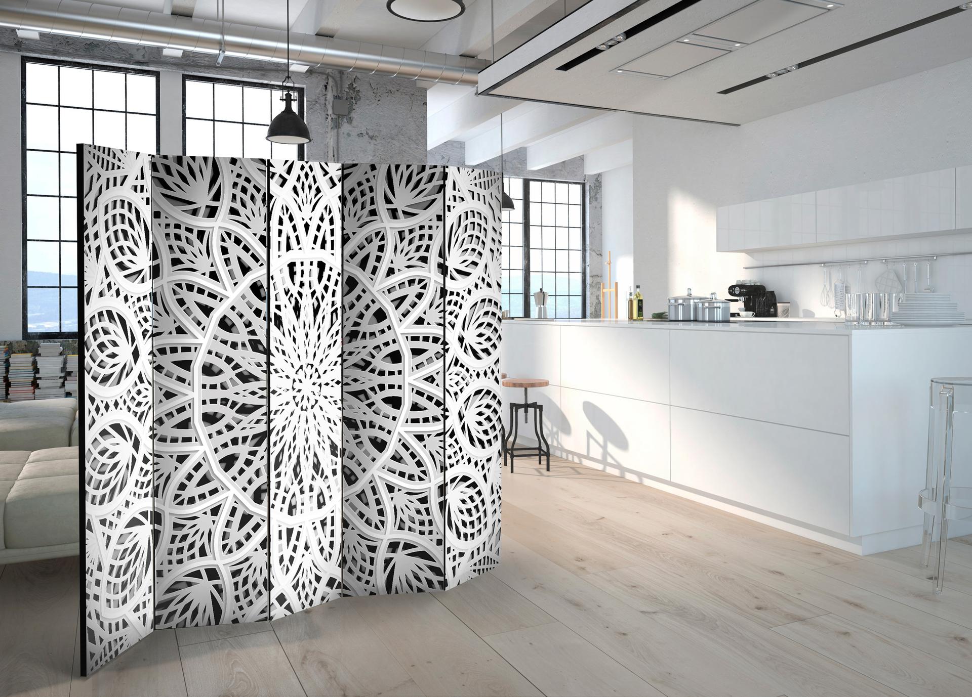 Divisorio per sala - Mandala bianco, 5 pezzi - 225x172 cm