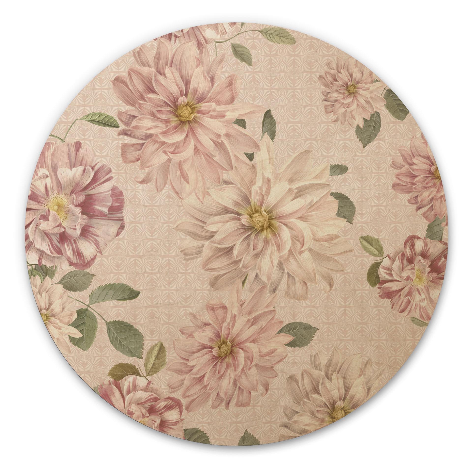 Trätavla Dahlior Shabby Chic Rosa - Blomstersmycke - Dekor - Rund