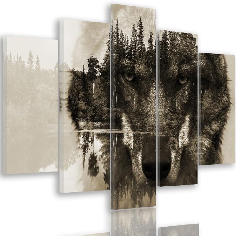 5 stykke lærredsprint, Wolf Forest Animals Nature