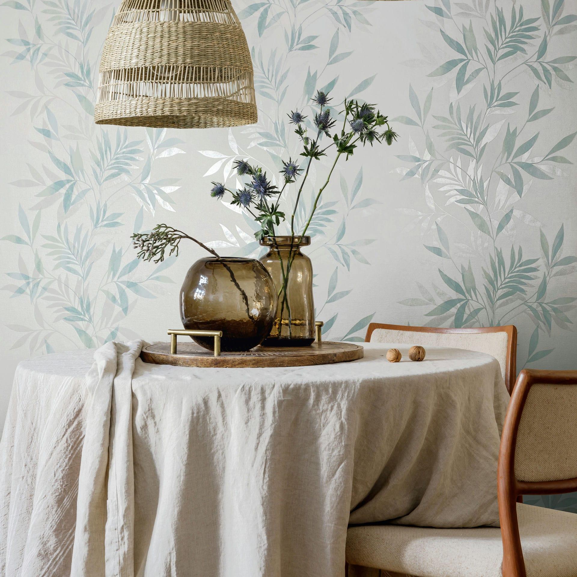 Non-woven tapet i hvid, grønt bladmotiv bladlook blomstret natur