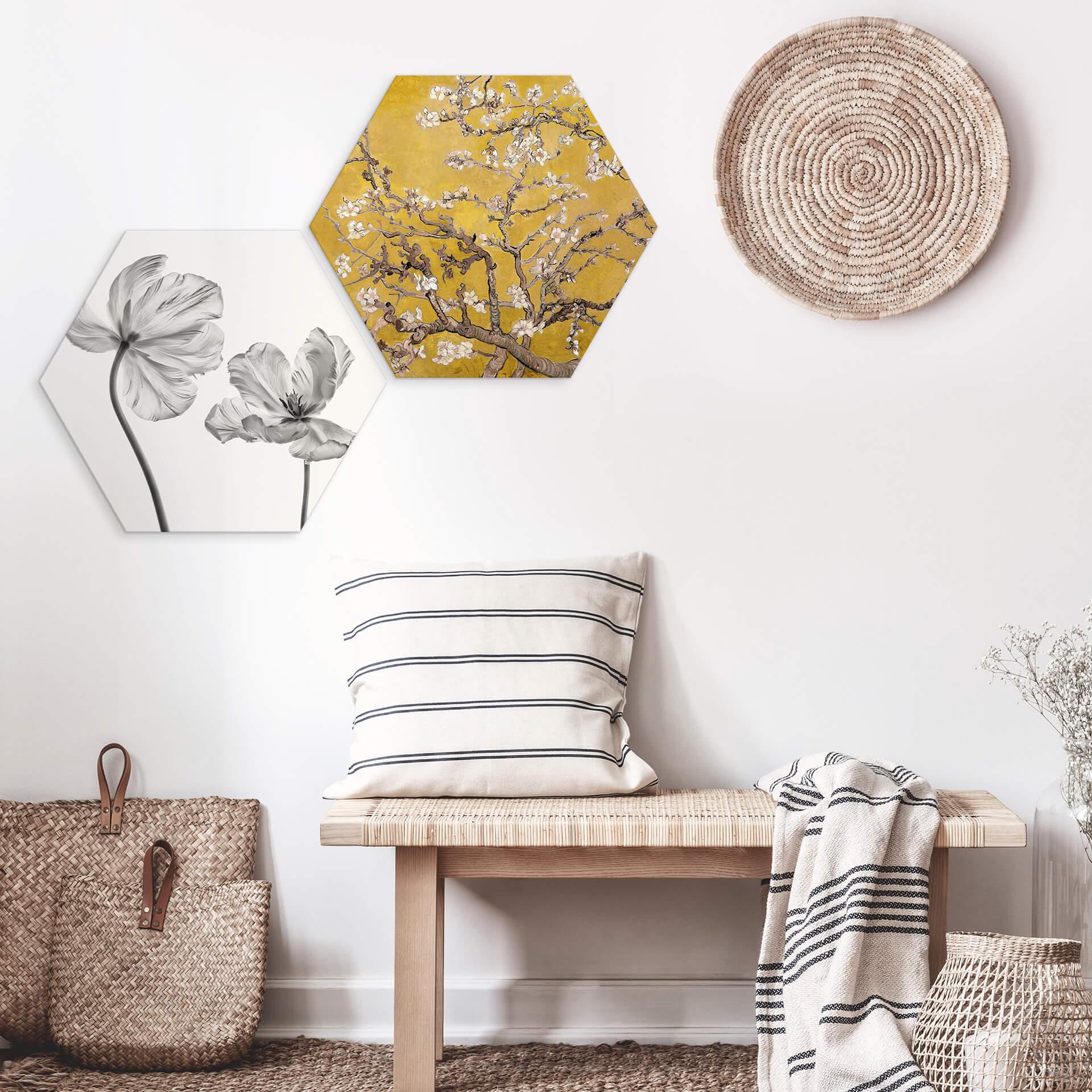 Hexagon Dibond van Gogh - Amandelbloesem oker