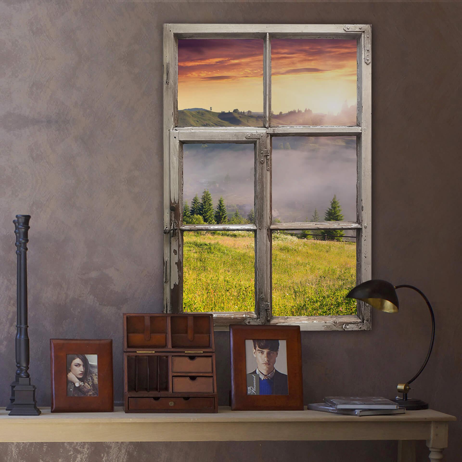 3D Wallsticker vindue shabby - bjergdal i tåge