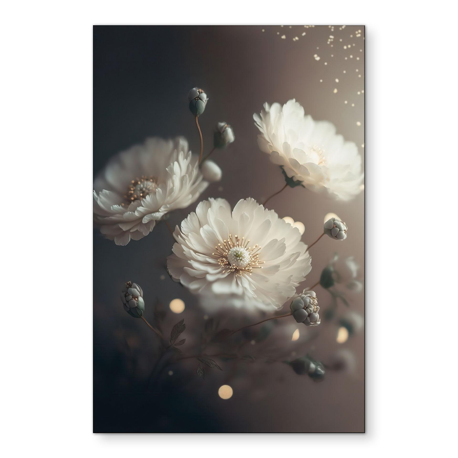 Billede Hvide blomster med guldstøv - Treechild – print på aluminium (Alu-Dibond)