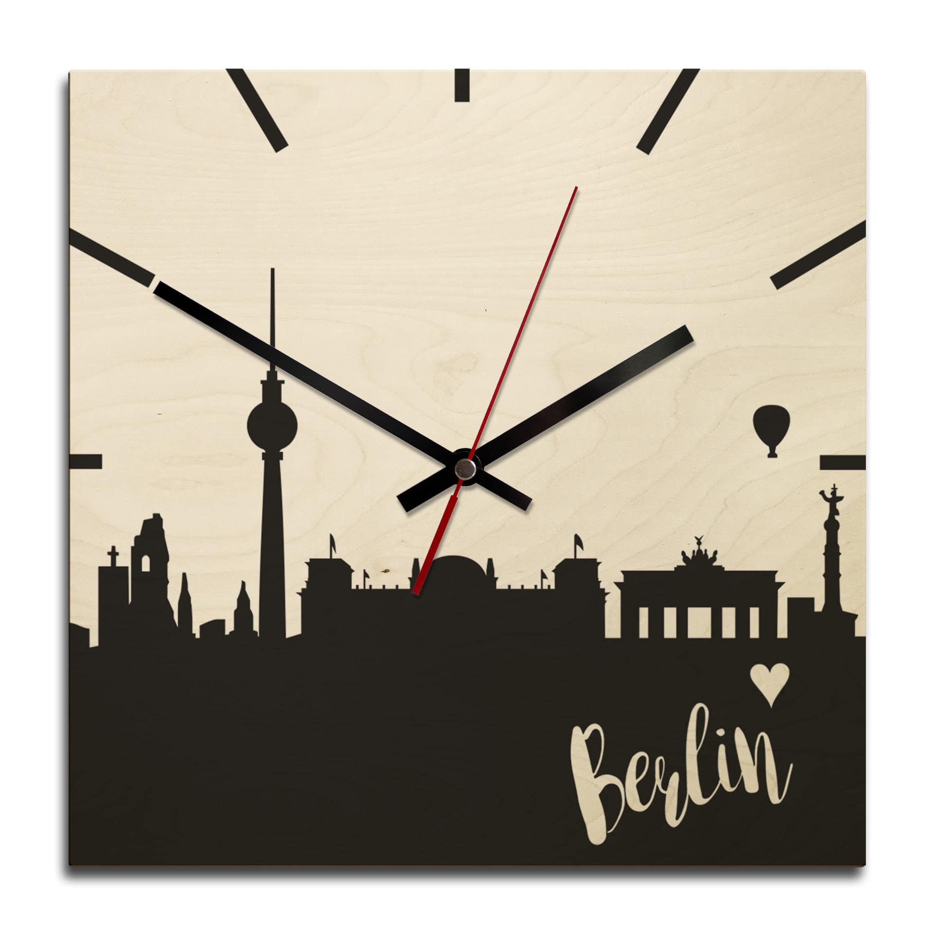 Horloge murale en bois - Skyline Berlin carré
