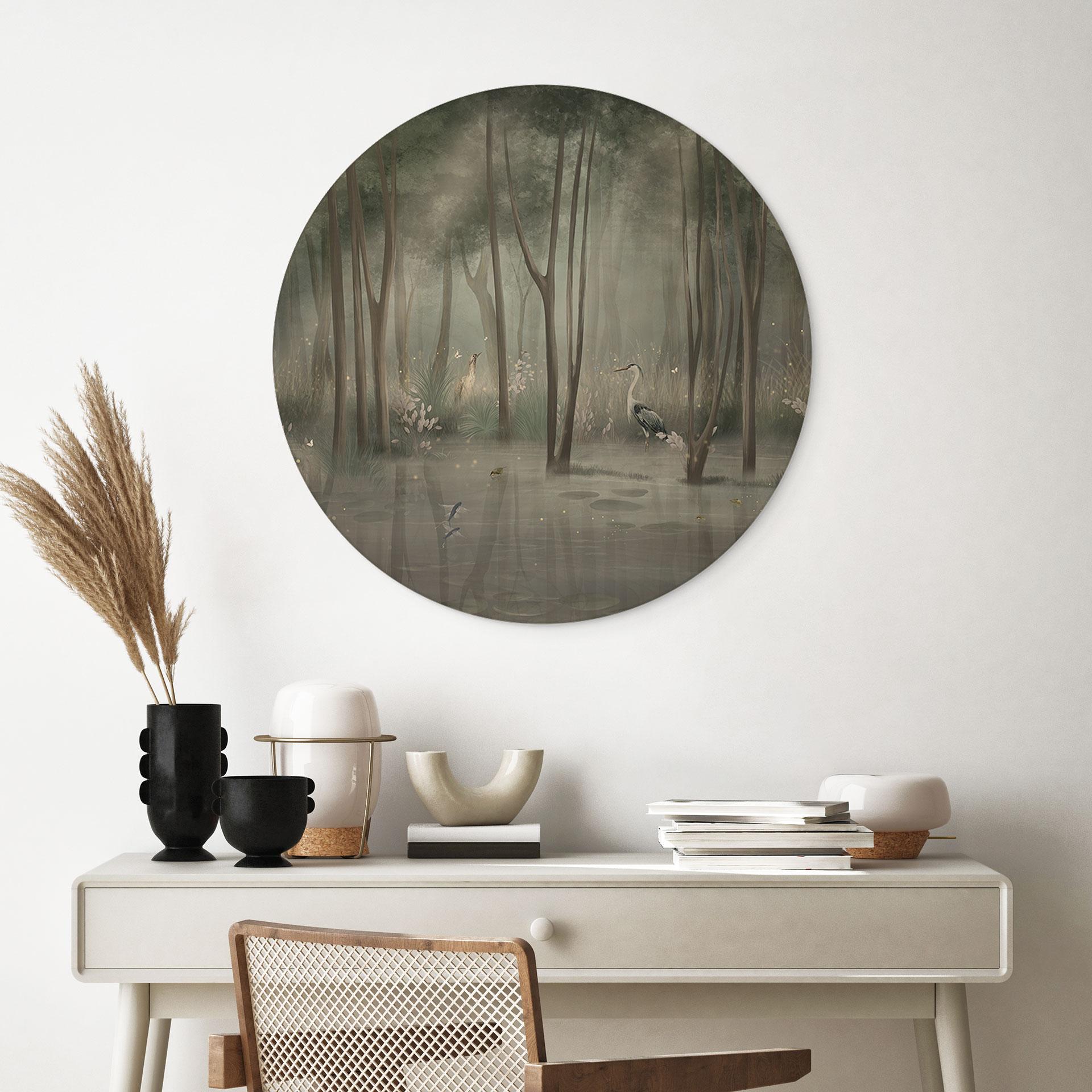 Holzbild Nebelwald am See mit Reiher in Grün - Ms Tiff - Rund