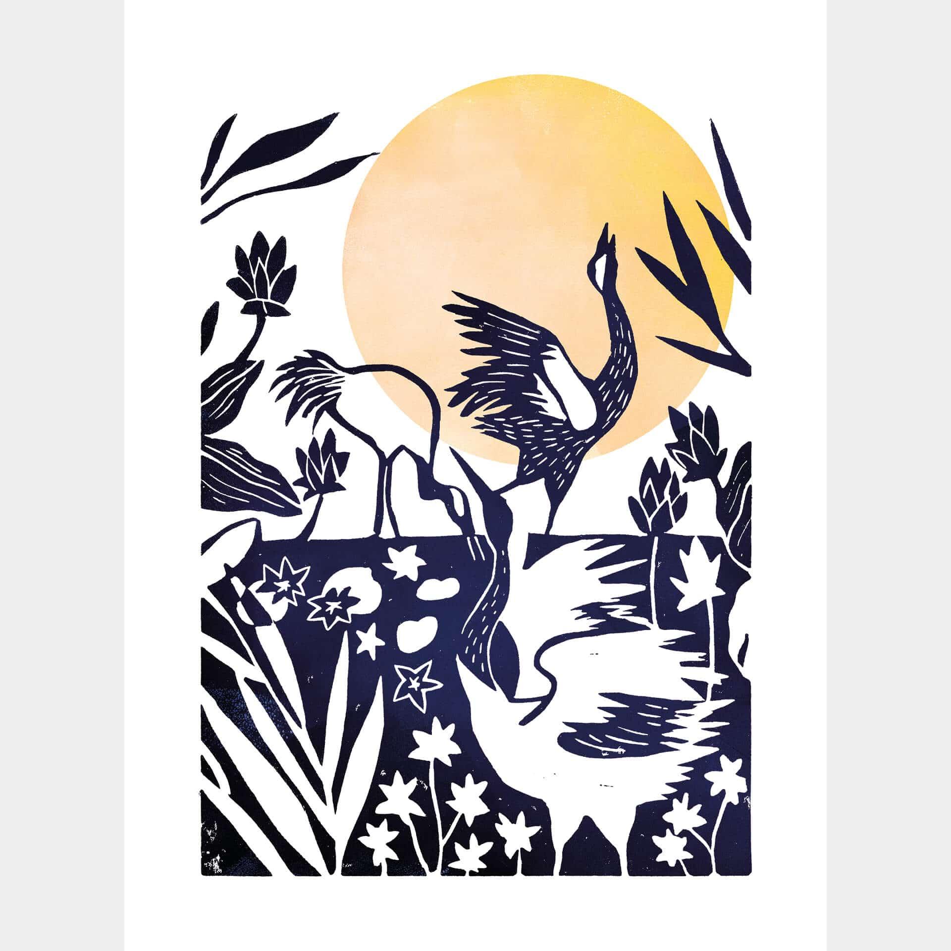 Fotobehang Goed Blauw - Linocut Crane