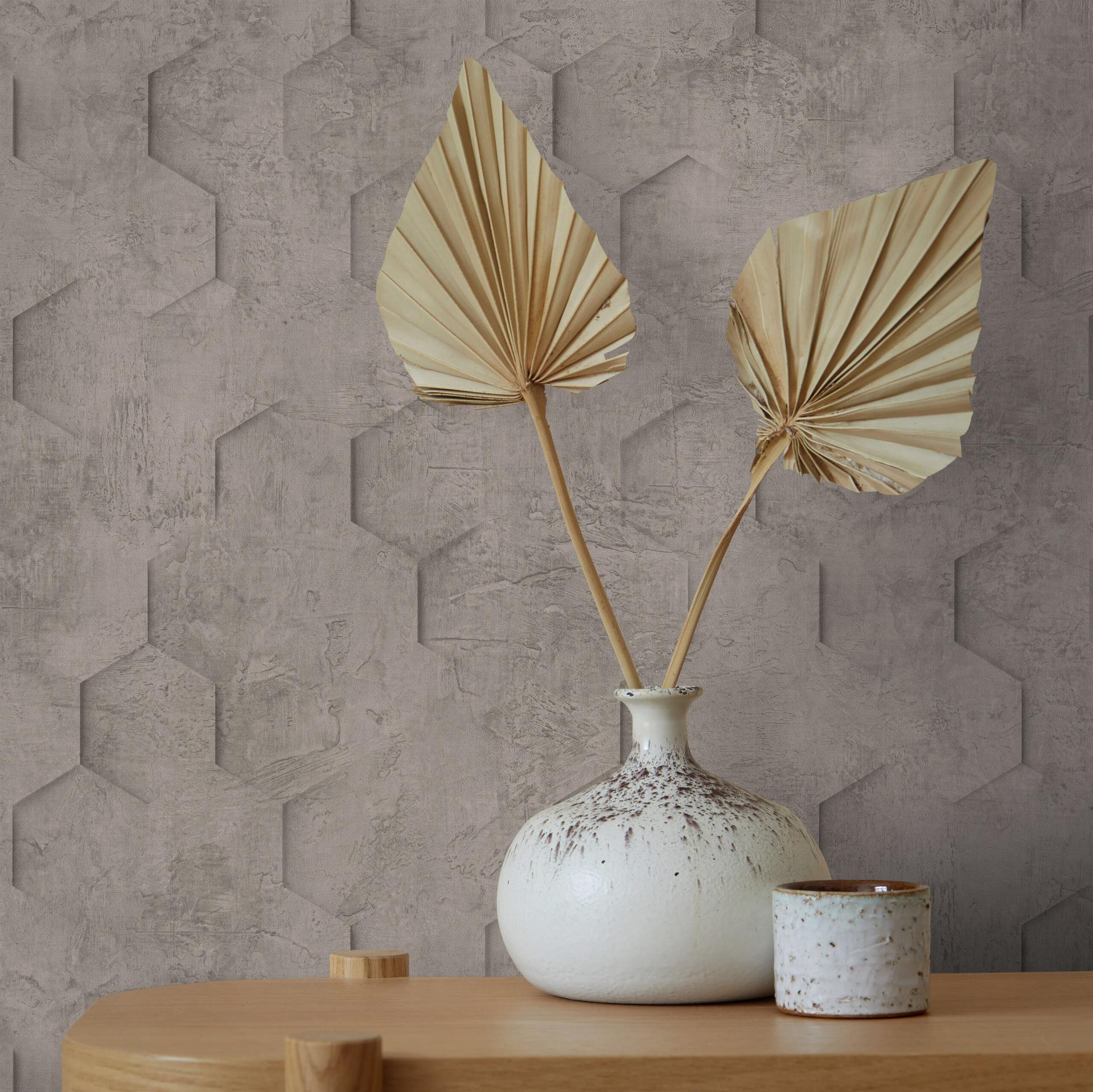 Vliesbehang met 3D honingraat patroon bruin grafisch