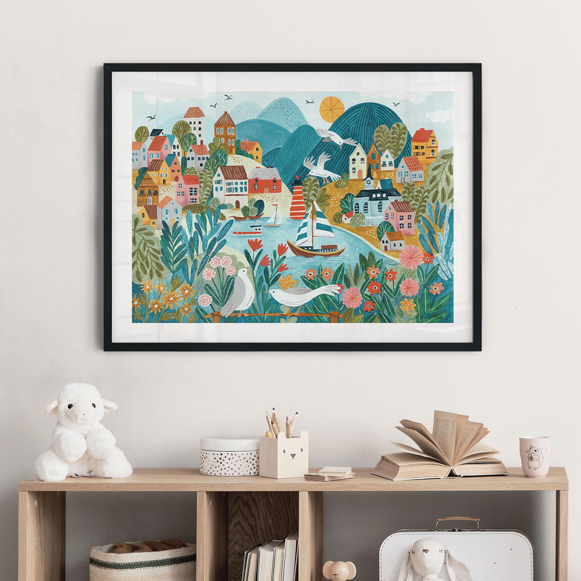 Plakat Farverig kystby om sommeren - Bonne Müller