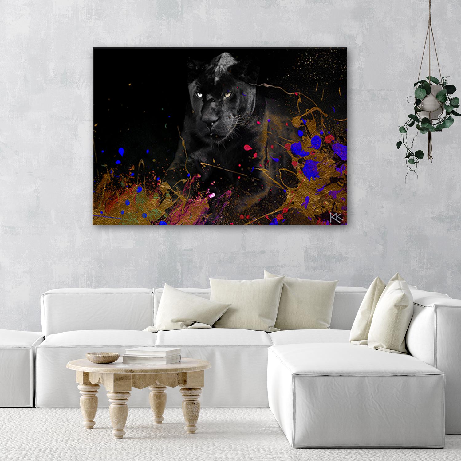 Canvasbillede, Leopard på farverig baggrund