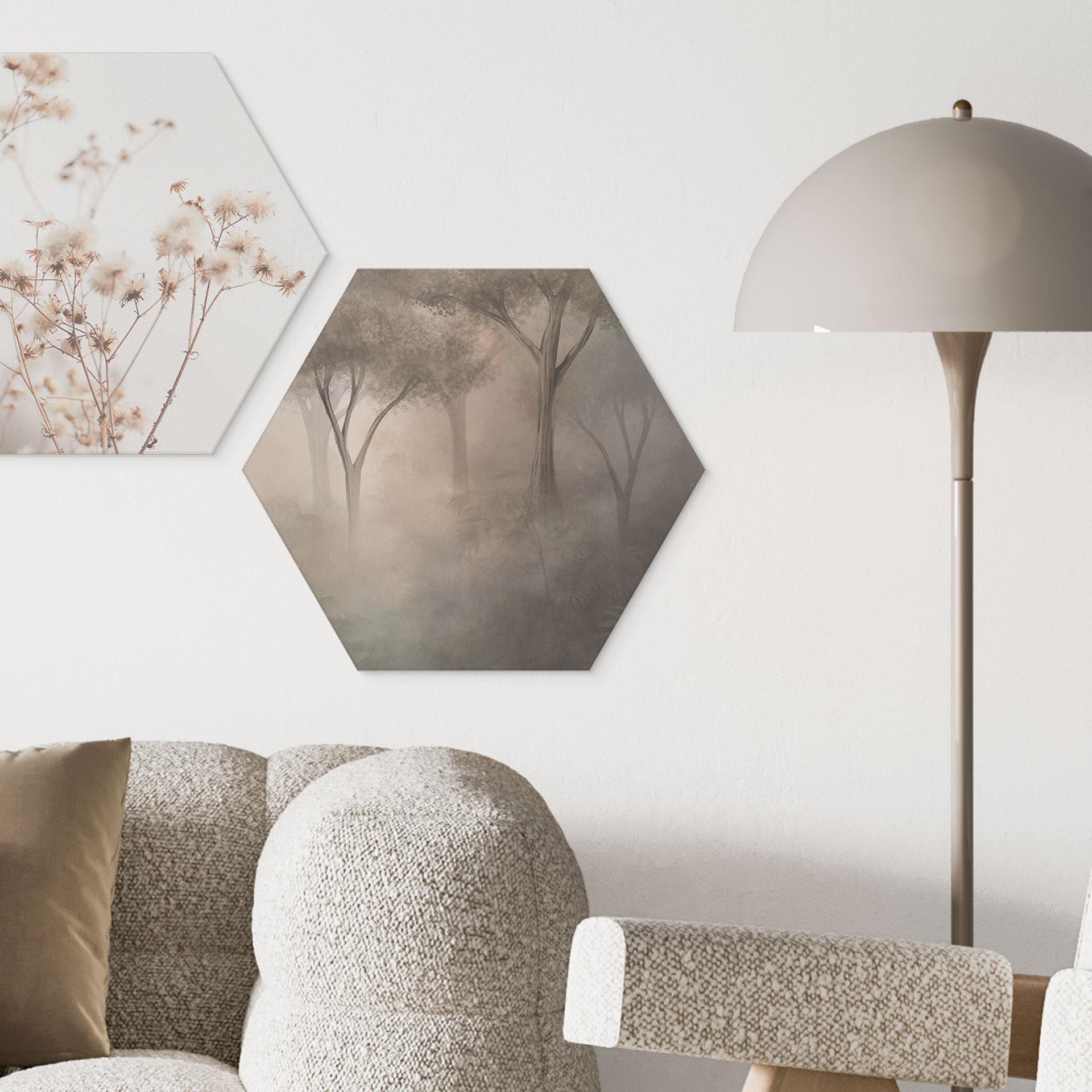 Hexagon Wandbild Waldmagie im Morgennebel Beige - Ms Tiff - Alu-Dibond