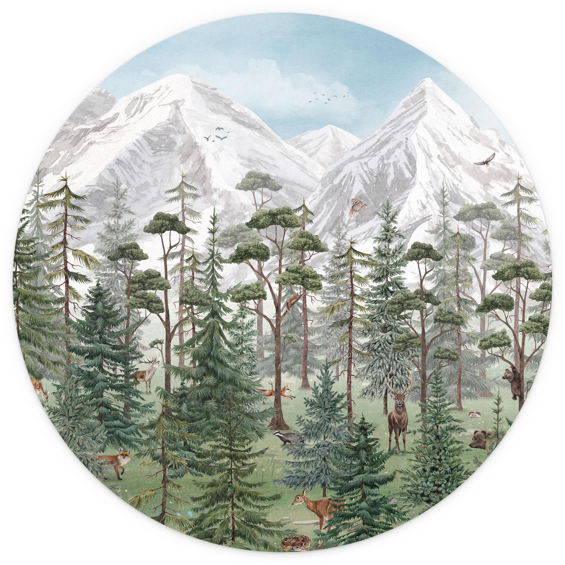 Fotobehang kinderkamer bosdieren in een groen alpenbos - Kikki Belle - rond - zelfklevend/niet-gewev