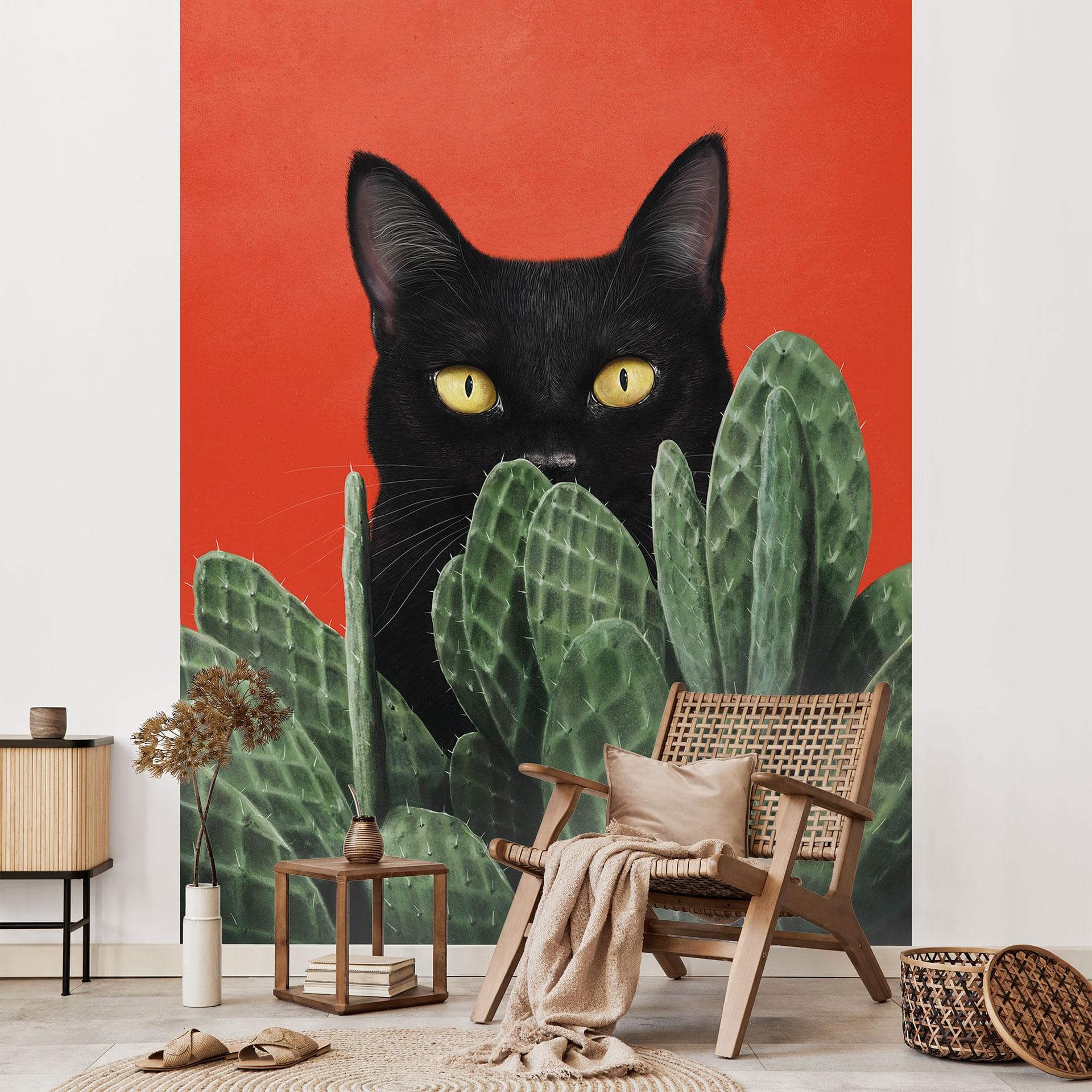 Papier peint photo Chat noir caché dans les cactus - Korenkova