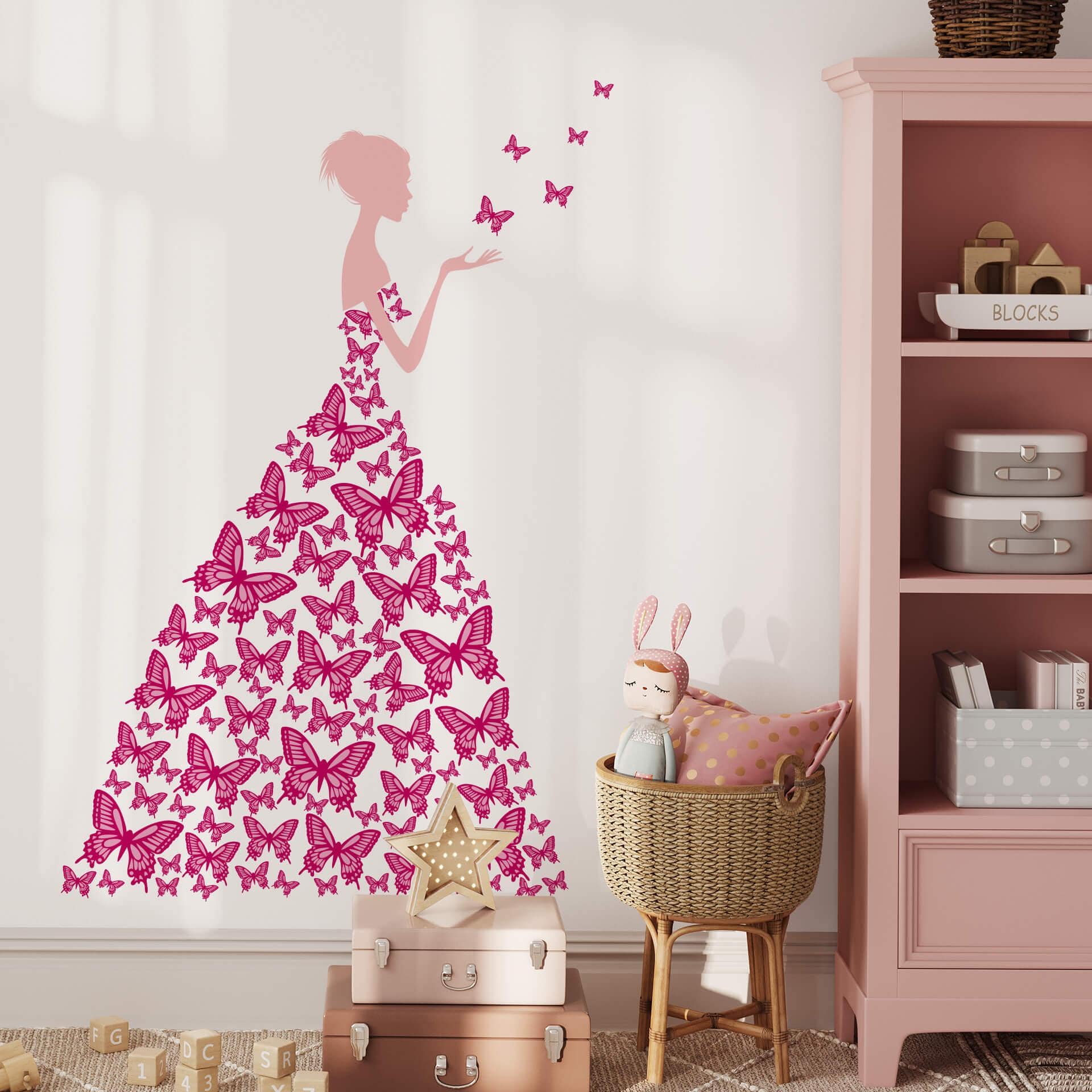 Sticker mural - Lady with Butterflies-rose fuchsia