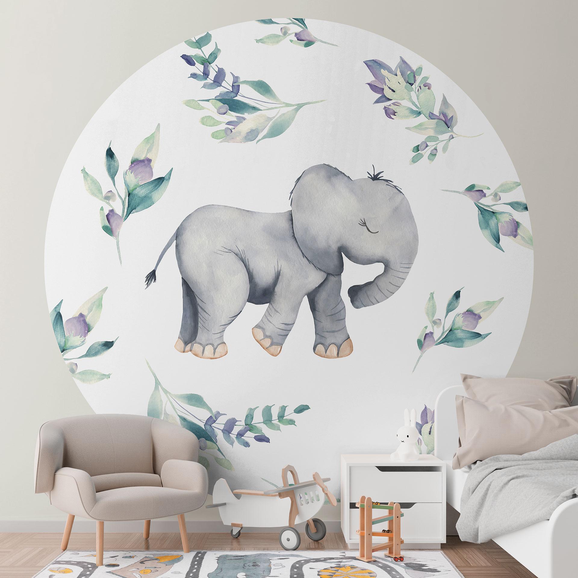 Tapet cirkel Sød babyelefant mellem boho-grene - UN Designs - vliesetapet/selvklæbende non-woven tap