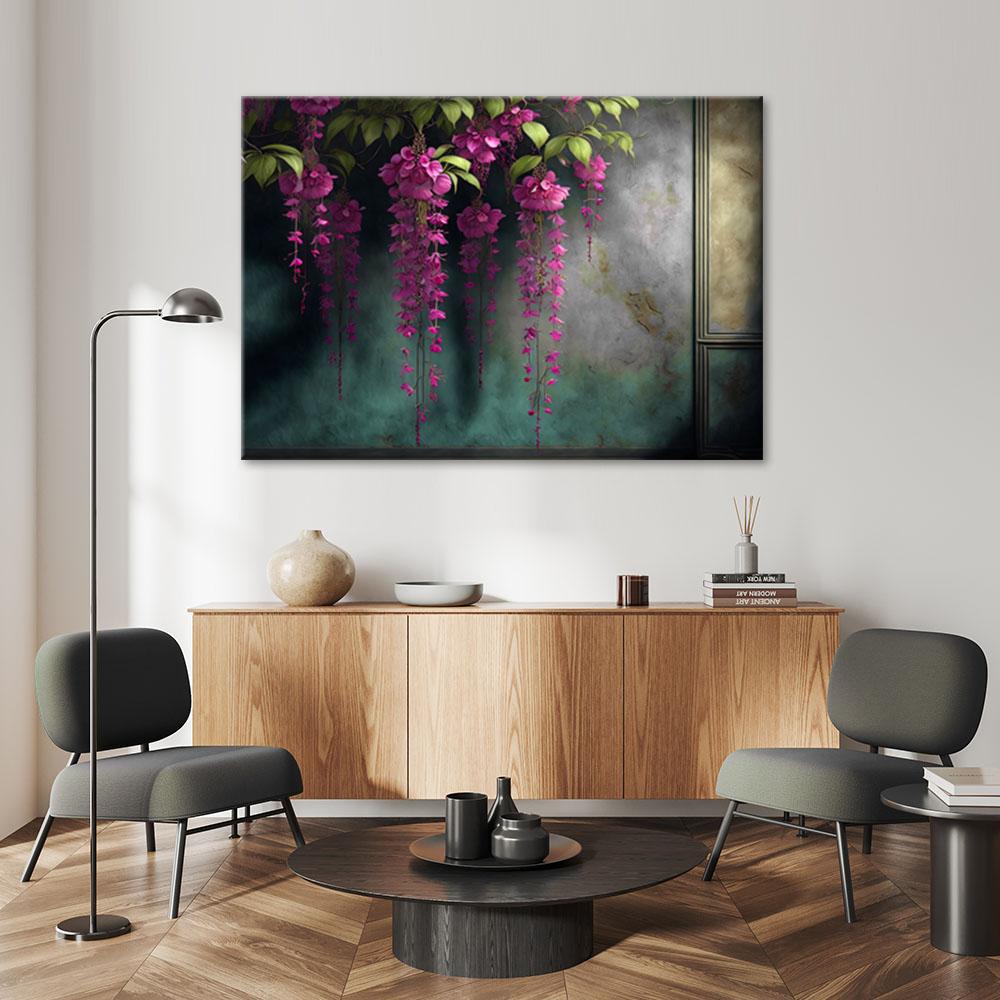 Canvasbillede, Hængende lyserøde blomster i beton