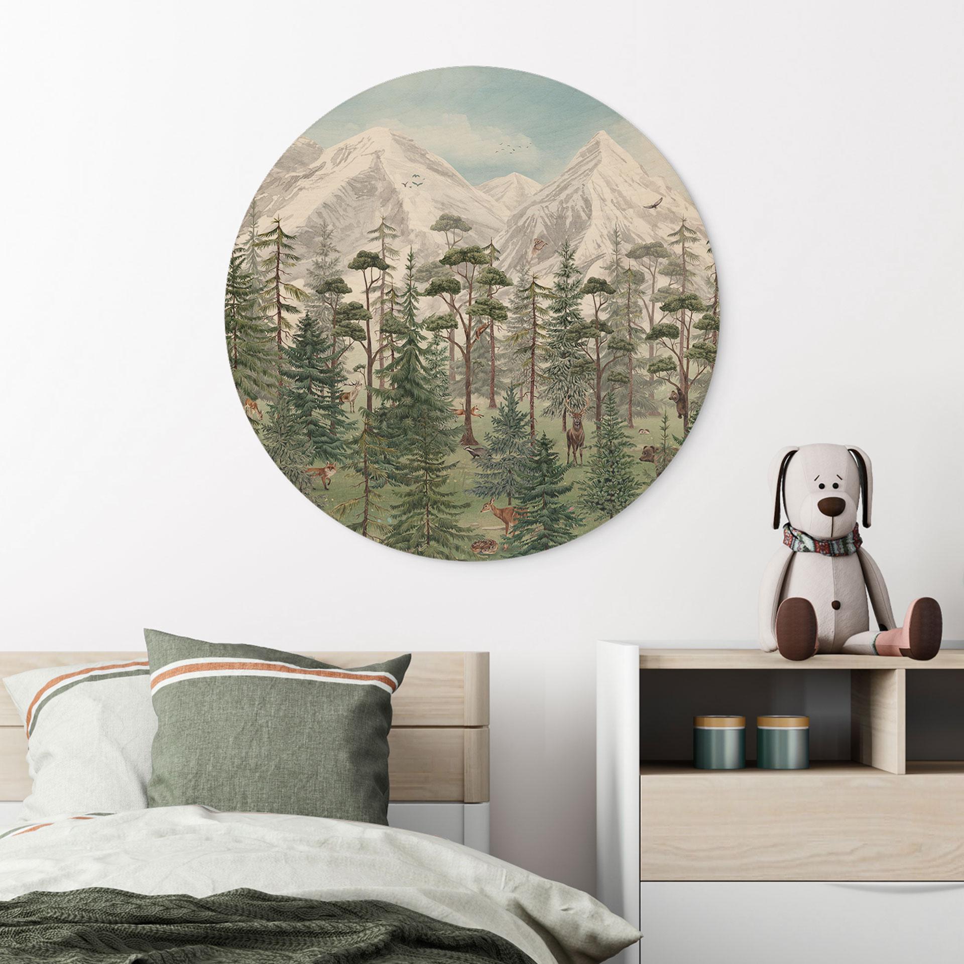 Holzbild Waldtiere im grünen Alpenwald - Kikki Belle - Rund