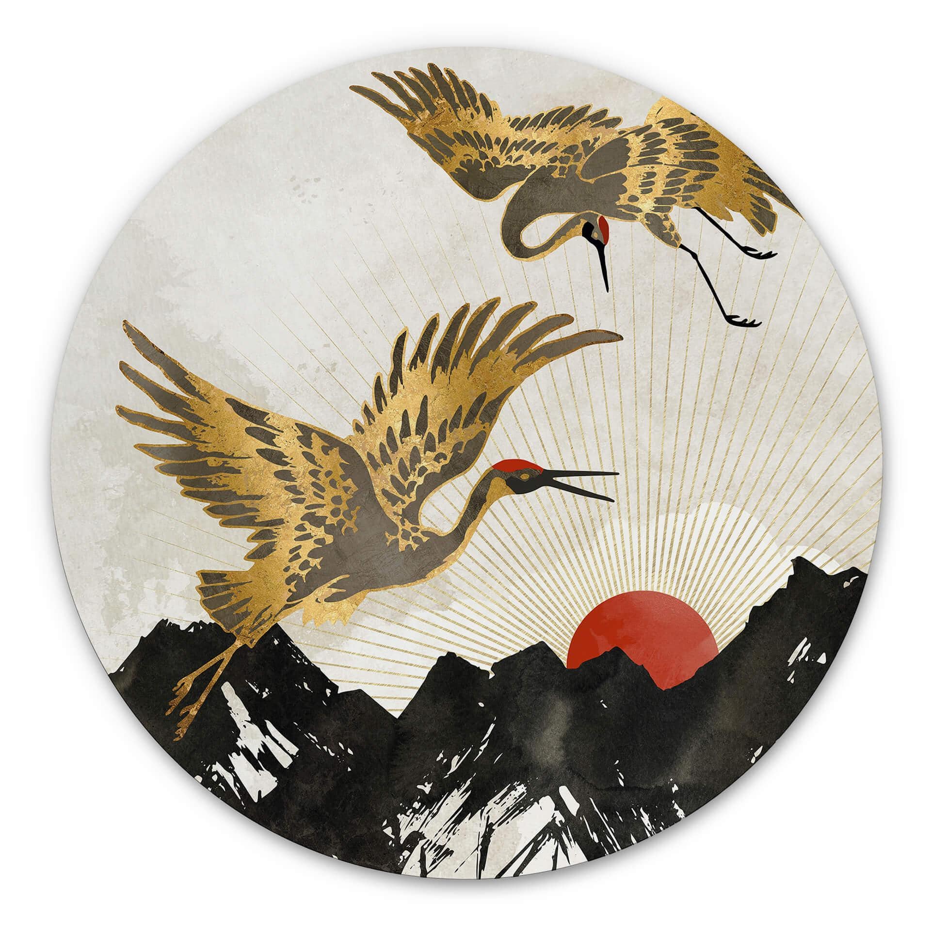 Tableau sur alu-Dibond rond SpaceFrog Designs - Grues dorées