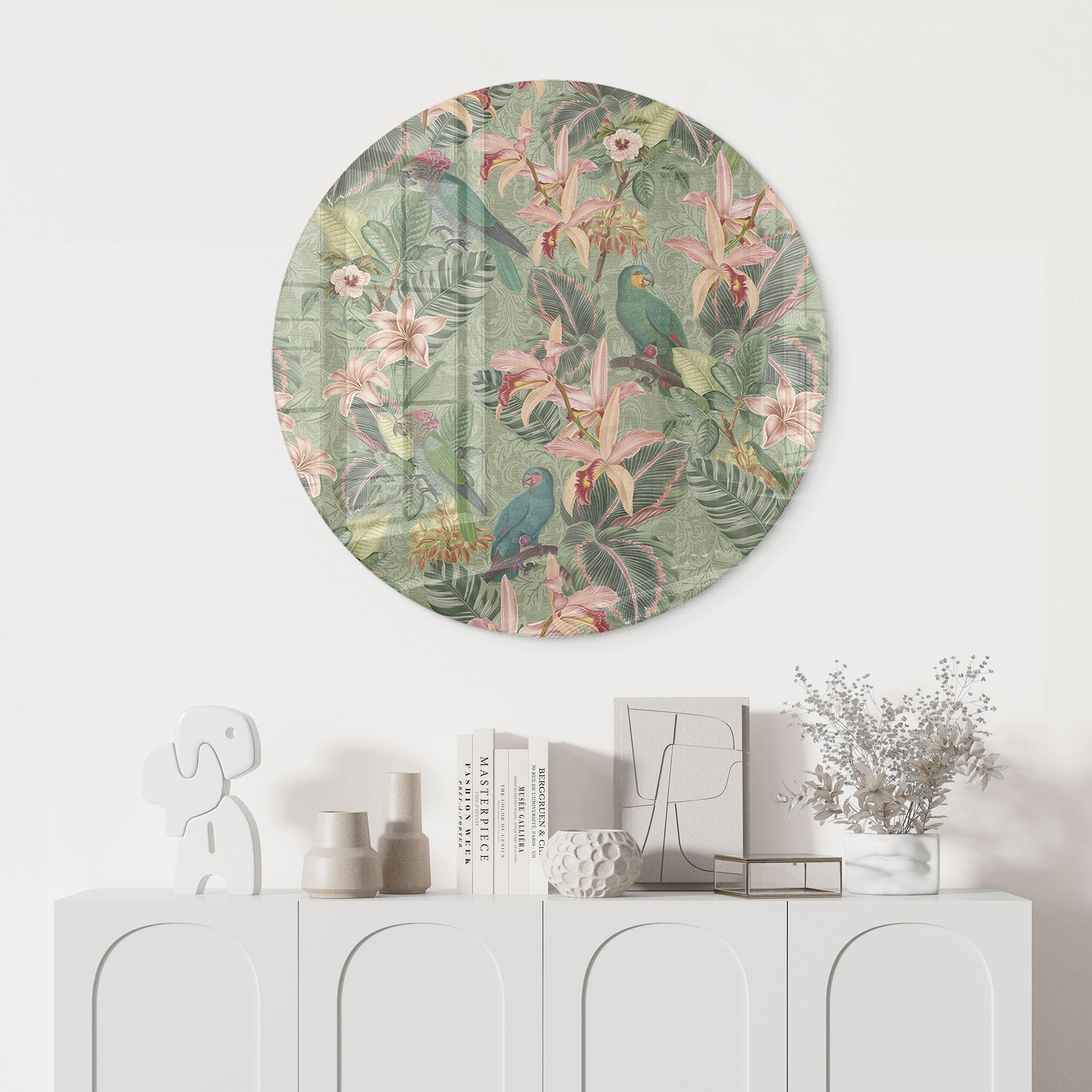 Glasbillede - Jungle med papegøjer Grøn - Bloomery Decor - Rund