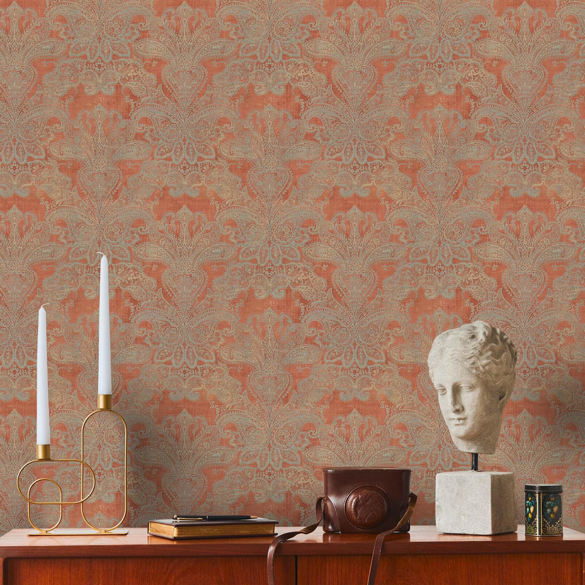 Barok behang vintage oranje, grijs - patroon vliesbehang met ornamenten