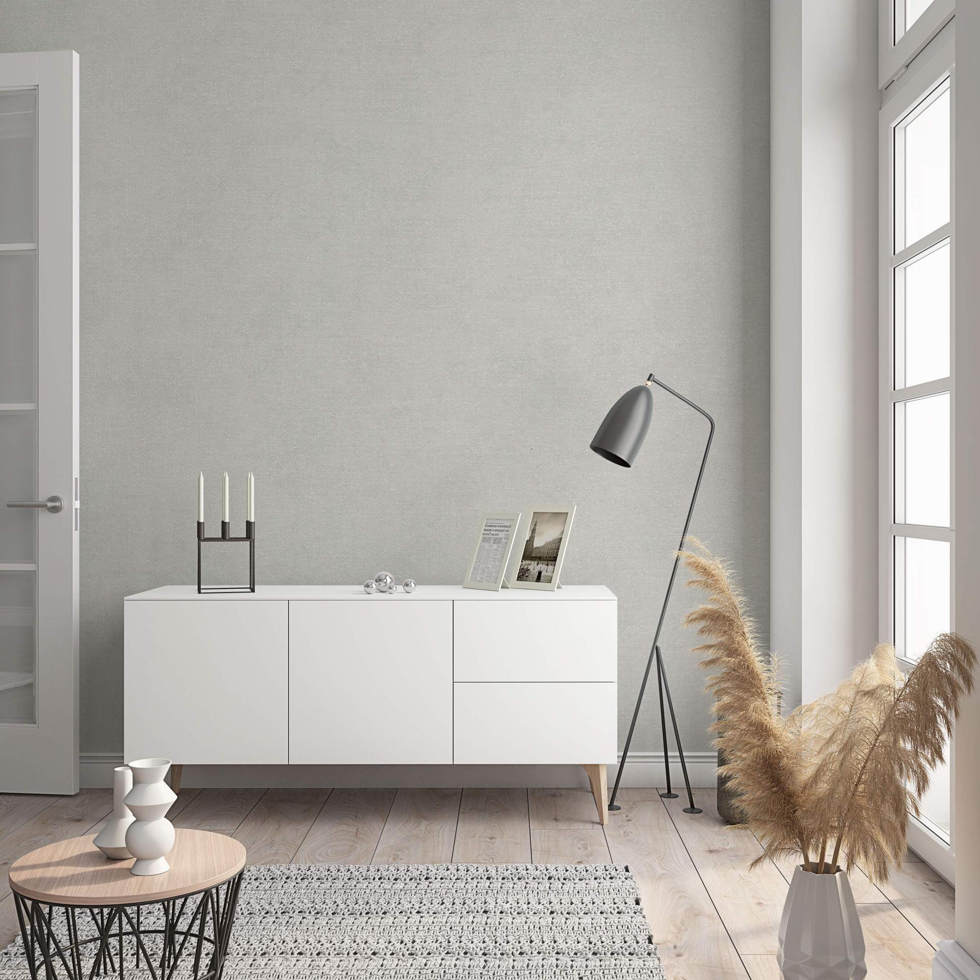 Non-woven tapet med moderne monokromt look og struktur i grå, beige ensfarvet